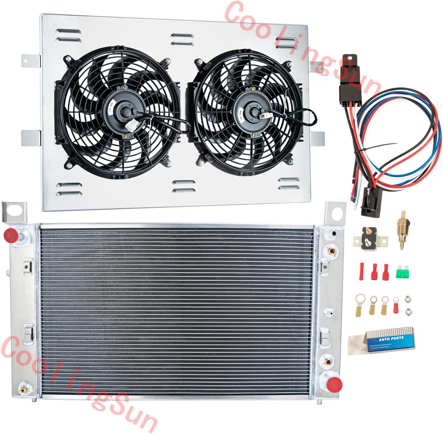 3 Row Aluminum Radiator for 1999-2013 Chevy GMC Silverado 1500 2500 Tahoe 4.8/5.3L V8, Crossflow Radiators Electric Fan Shroud Thermostat Kit Combo
