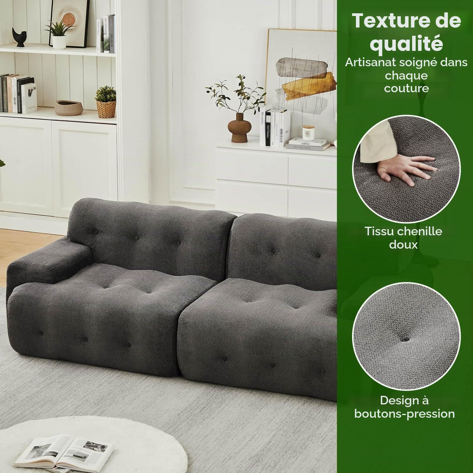 KOMHTOM Canapé 3 Places Modulable, Spacieux 224cm, Tissu Tricot 3D ou Chenille Ultra Doux avec Accoudoirs Larges, Design Moderne, Base Antidérapante (Gris-B)