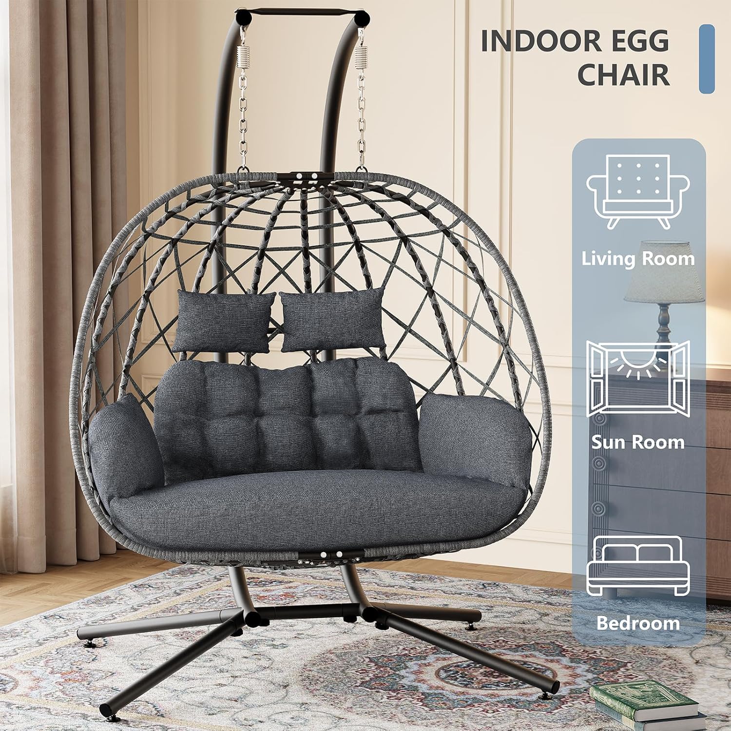 SWITTE Double Egg Swing Chair with Stand, 2 Person Outdoor Indoor Hammock Hanging Chair with Cushion for Patio Living Room 650 LBS Capacity-Dark Grey