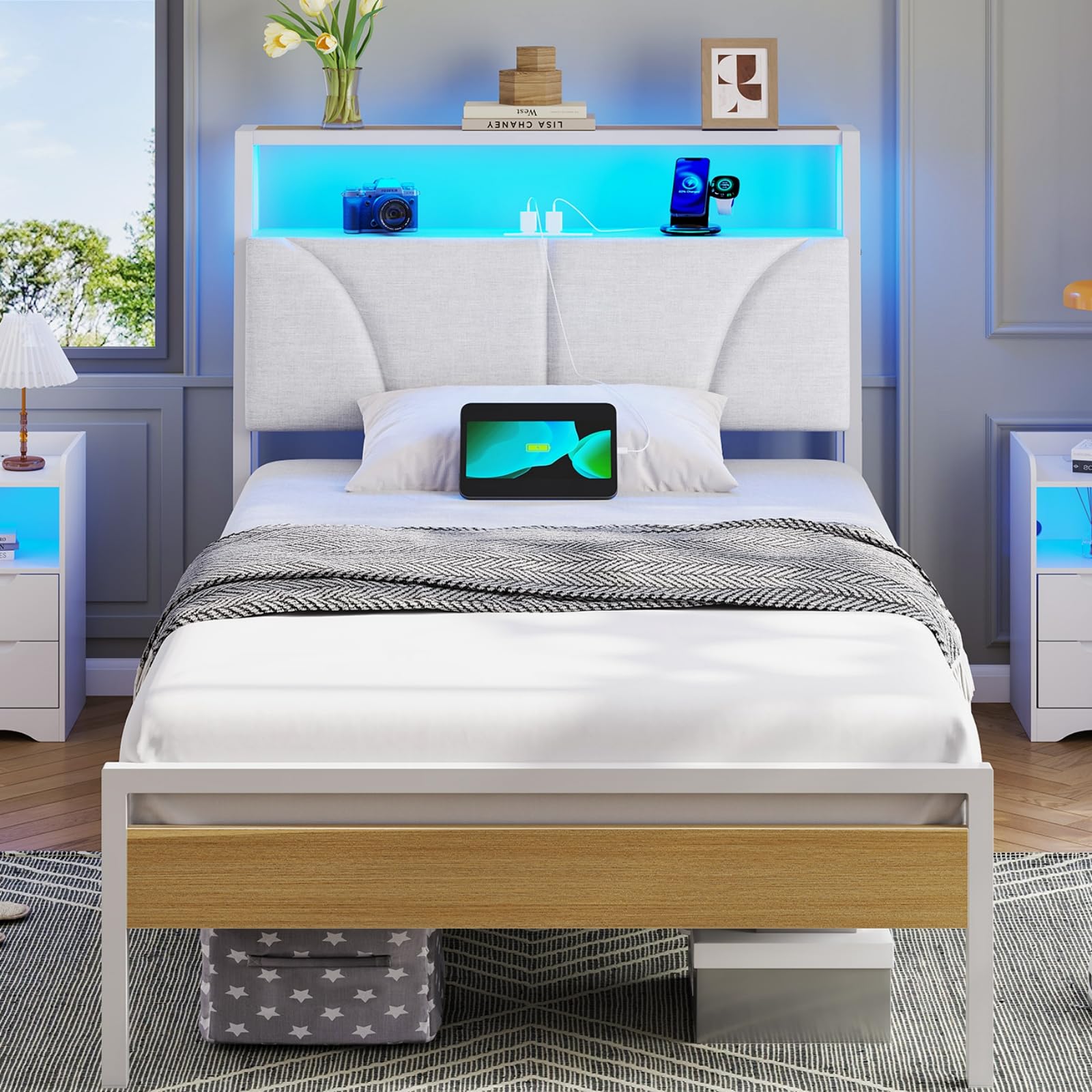 Brinlawb Single Bed Frame with Charging Station (2 AC Sockets, 1 USB‑A, 1 Type‑C Port) and LED Lights, 90x190 cm Stable Metal Bed Frame with Upholstered Headboard & 2-Tier Open Storage Shelves, White