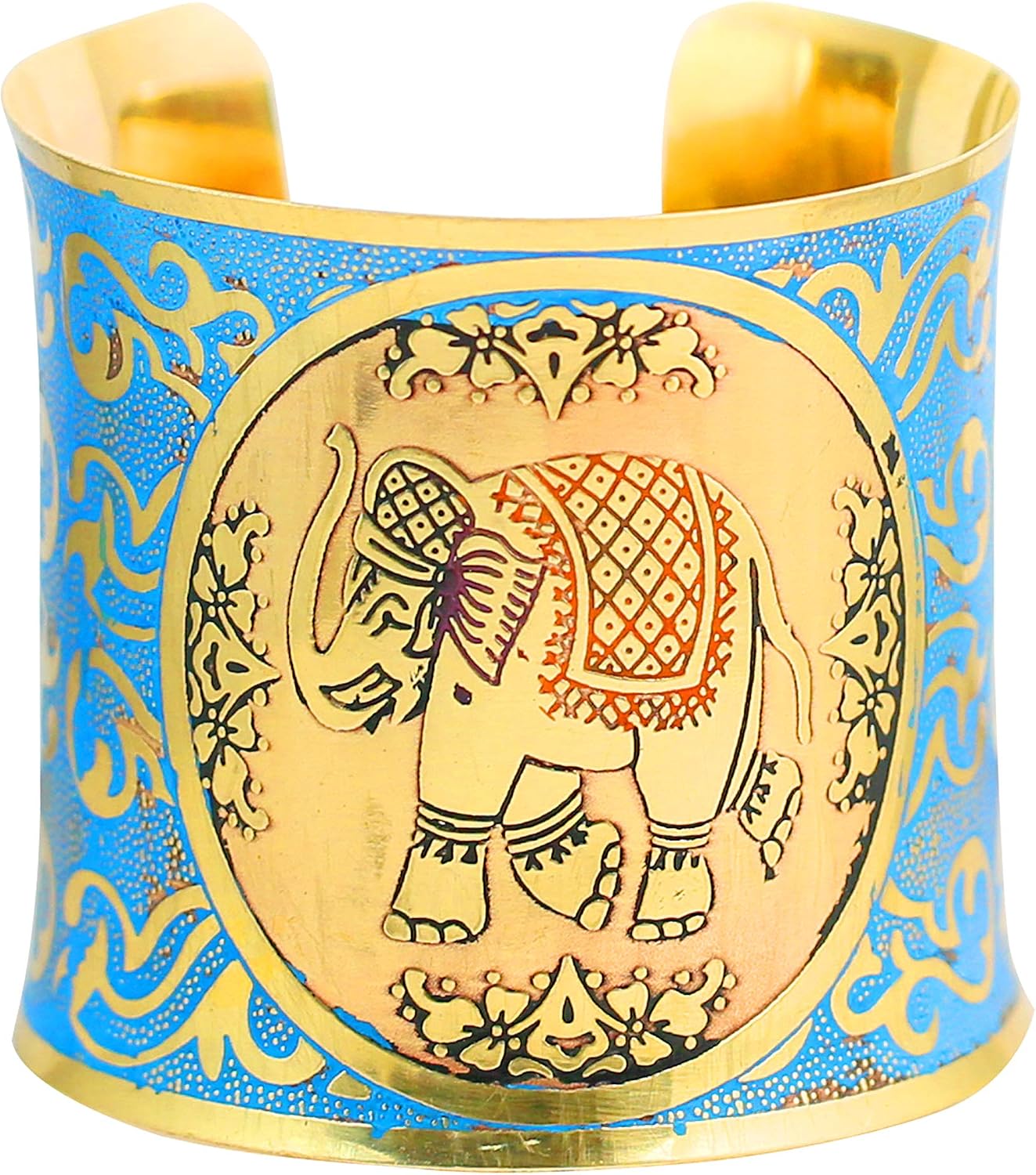 Touchstone Indian Bollywood Desire Brass Base Beautifully Rich Indian Ethnic Elephant Motif Fabulous Meenakari Enamel Thick Wrist Enhancer Designer Jewelry Cuff Bracelet in Gold Tone for Women
