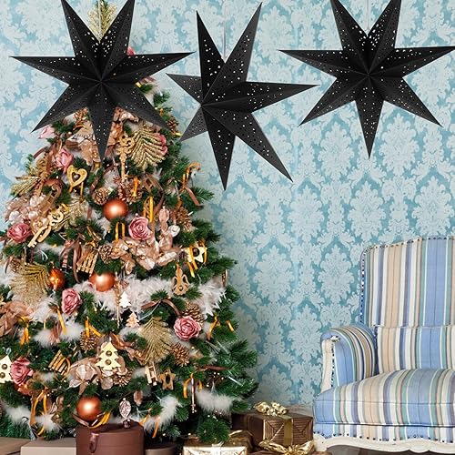 Miniatura 3 de 3 linternas de papel con estrellas de Navidad, 3D colgantes, estrellas de papel negro de 20 pulgadas, para Navidad, carnaval, boda, graduación,