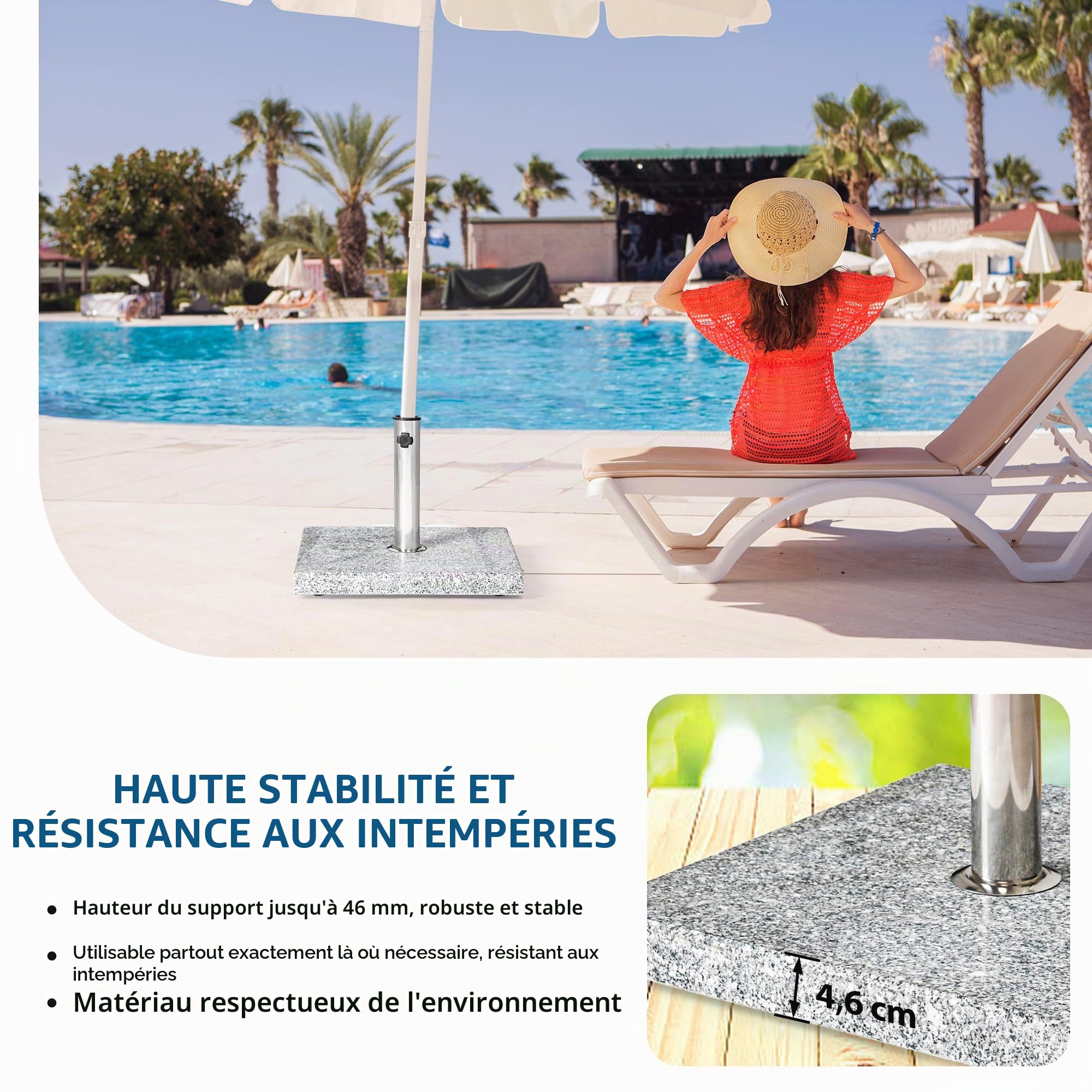paramondo Pied De Parasol En Granit, Carré, 48 x 48 cm, Avec Douilles D'adaptation, Pour Parasols De Taille Moyenne