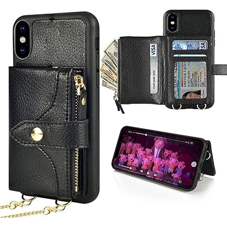 Amazon Iphonexケース Iphone Xs ケースzve 札 コイン カード収納 ファスナーポケット スタンド機能 レザーケース 衝撃吸収 滑り防止カバー 高級puレザー おしゃれ かわいい クロスボディチェーン リストストラップ付き アイフォン10 アイフォンxs通用 5 8インチ