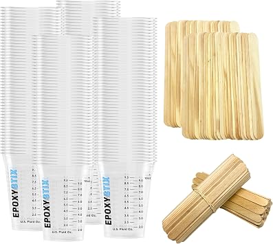 [100 Pack] 12oz Graduated Mixing Cups with 100 Mixing Sticks 50 Flat Stir Sticks & 50 Paddle Stirrers Clear Plastic Cups with oz/mL Markings for Epoxy, Resin, Paint, and Crafts