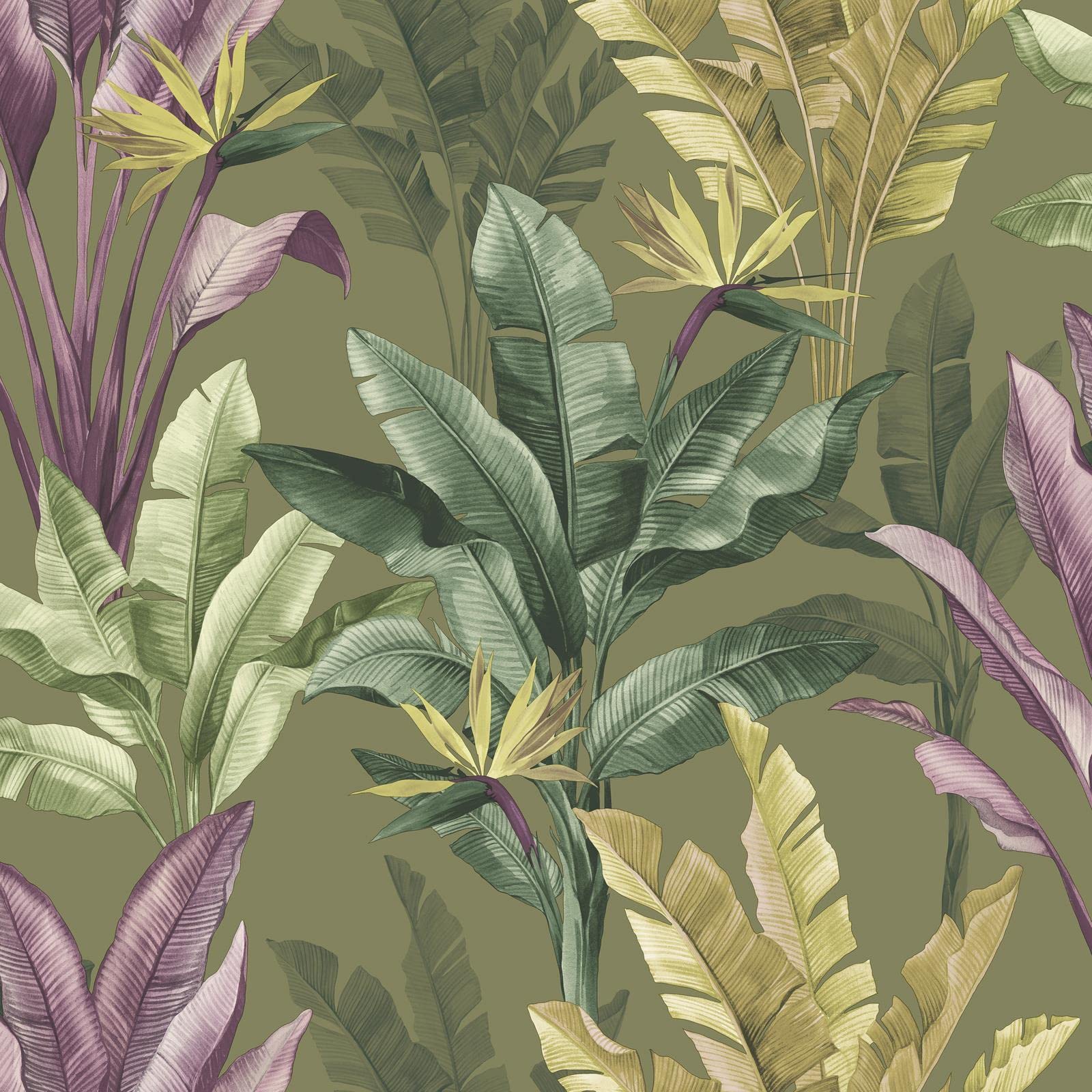 Rasch Green,Purple Akari Madagascar Leaf Wallpaper Olive Green/Purple 282886 Size 2.645547144