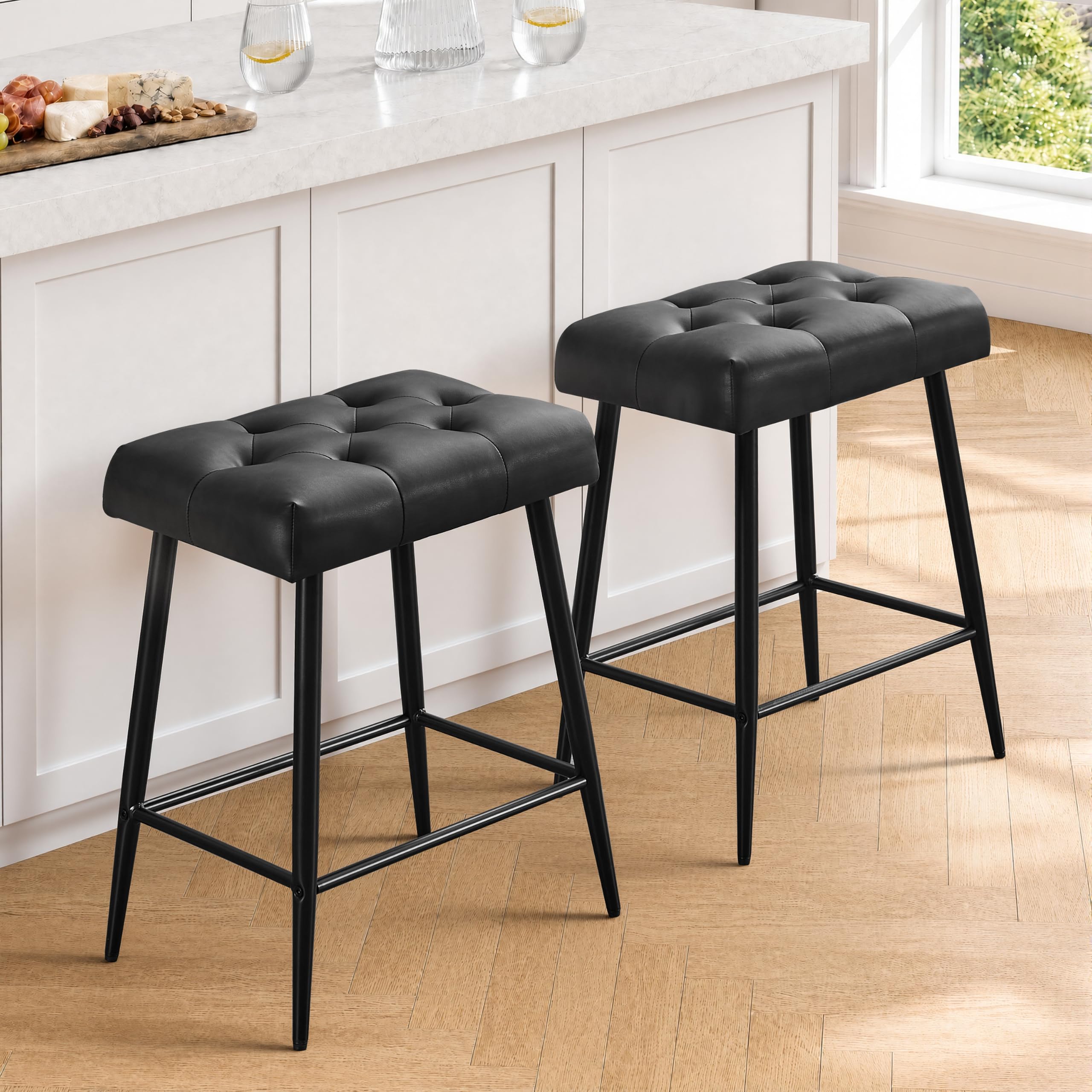 STOOLINK Tabouret Bar Lot de 2, Chaise de Bar Haute, Tabouret de Bar Cuir Microfibre, Chaise Haute Bar avec Repose-Pieds, Tabouret Cuisine Industriel 62.5 cm Hauteur pour Cuisine-Noir
