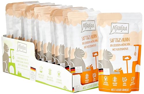 MjAMjAM - Premium Nassfutter für Katzen - Quetschie - saftiges Huhn an leckeren Möhrchen, 12er Pack (12 x 125 g), getreidefrei mit extra viel Fleisch