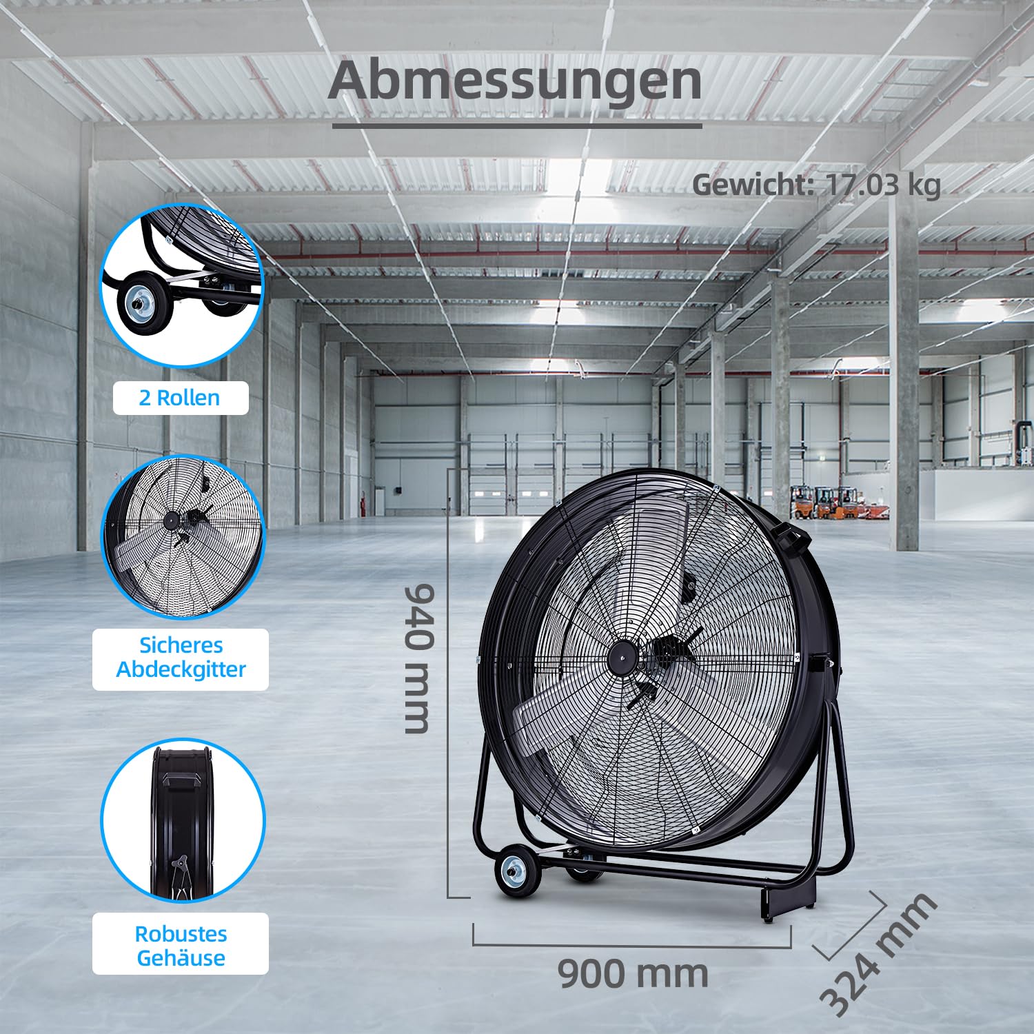 Be Cool Macchina eolica industriale 75 cm BCIWM75 cm – Ventilatore a tamburo guidabile, Ø 75 cm (30"), 300 Watt, motore in rame, 2 velocità, pale rotore in alluminio, griglia di protezione per