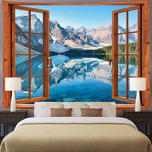 Miniatura 9 de Aidatain Tapiz de ventana de montaña, lago, bosque, escena, paisaje natural, para colgar en la pared, tapices grandes de franela de 80 x 60