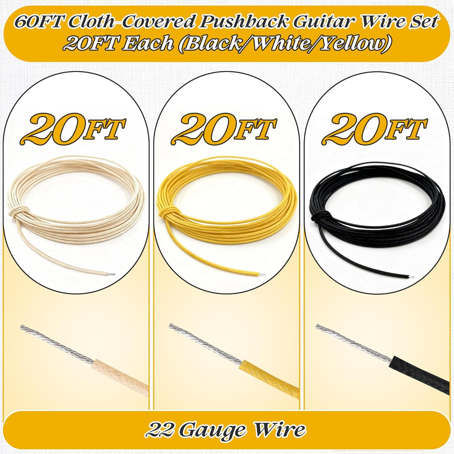 Enhon 60FT Cloth Covered Pushback Guitar Wire Set, Vintage Style Waxed Braided Guitar Wiring Kit, 22AWG Pre-tinned Stranded Copper Wire for Electric Guitars (20ft Black/20ft White/20ft Yellow)