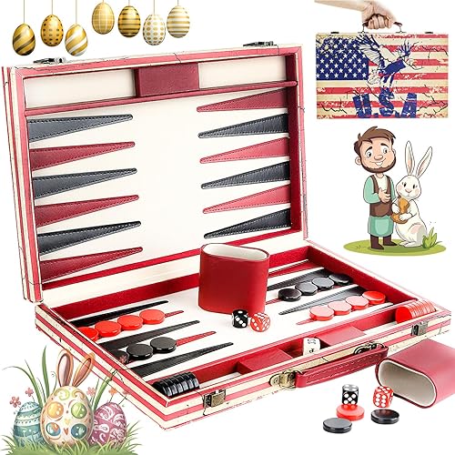 Miniatura 8 de Juego de backgammon de 15 pulgadas para adultos, juego de backgammon de viaje de cuero con diseño de bandera estadounidense, juego de mesa Claasic