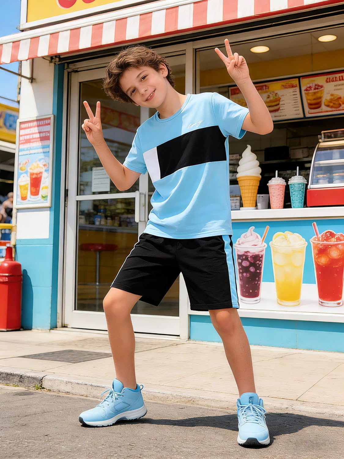 Boys 2 Piece Summer Outfit Colorblock Letter Graphic Short Sleeve T-Shirt +Striped Shorts Set Tween Boys Clothing