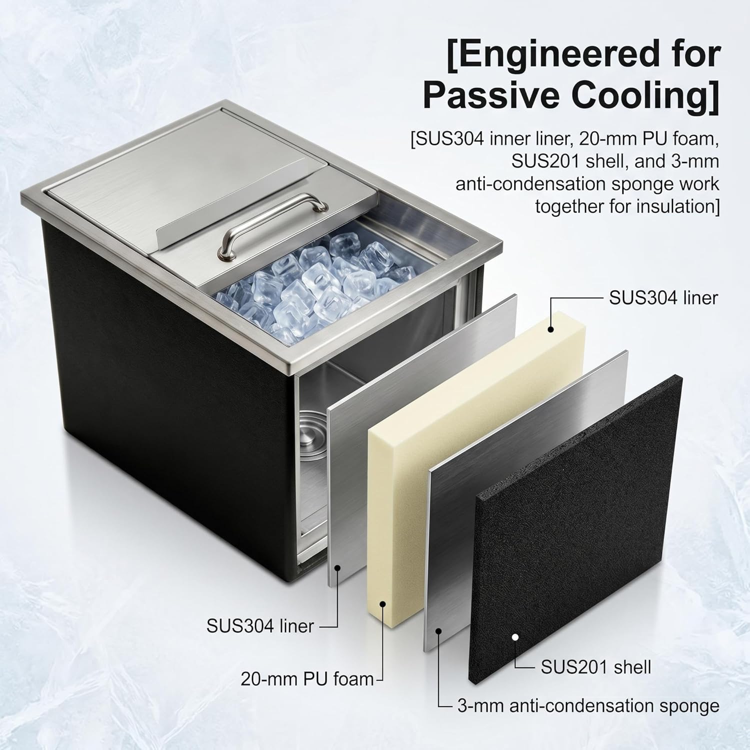 Drop in Ice Chest, 18" x 12" x 15" Stainless Steel Ice Cooler, 52L (55QT) Commercial Ice Bin with Hinged Cover, Drain Pipe and Plug for Outdoor Kitchen, Patio Bar, Cold Wine & Beer