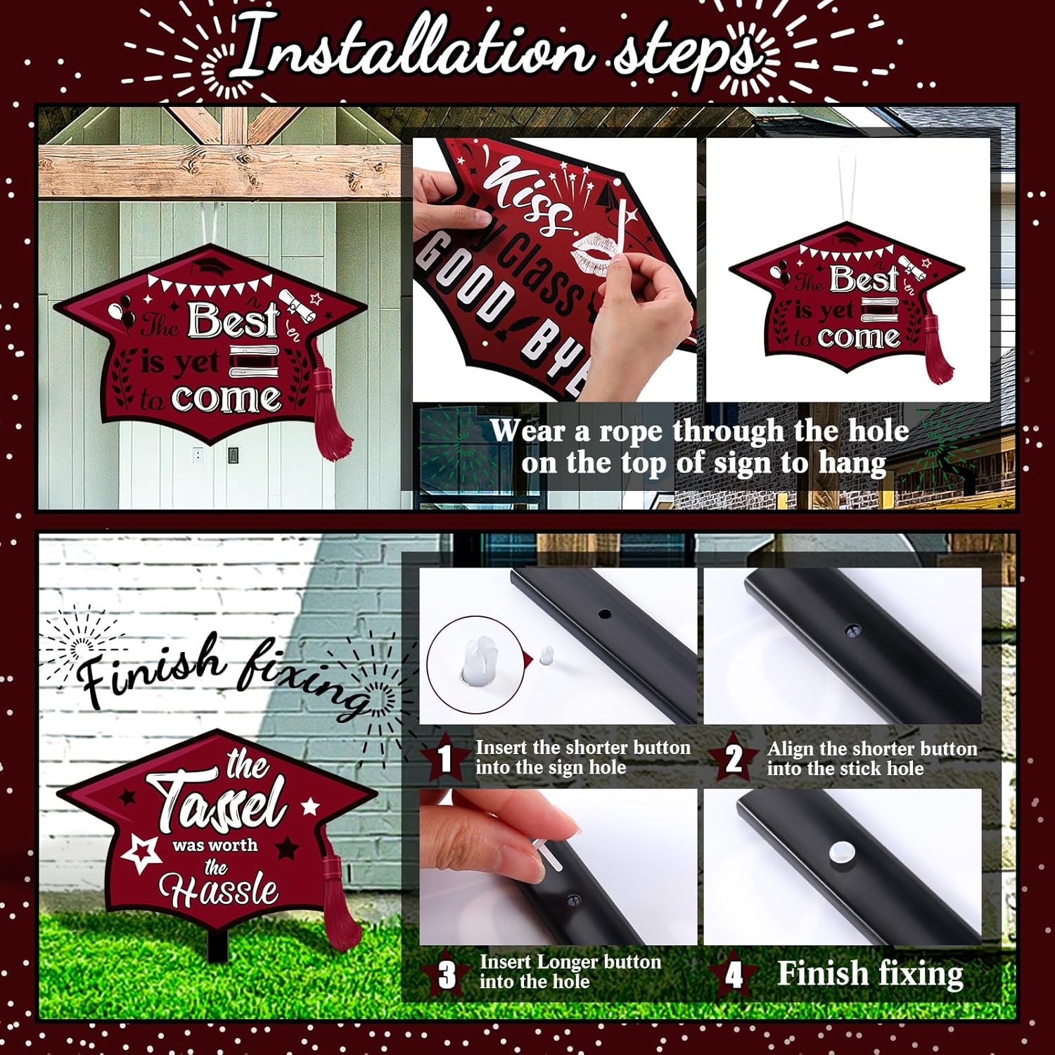 Chunful 12 Pack Graduation Yard Signs Grad Decoration 2026 Happy Graduate Lawn Garden Sign with Stake Congrats Outdoor Plastic Cap Hanging Ornament for Class Pathway Walkway Porch Party(Maroon)