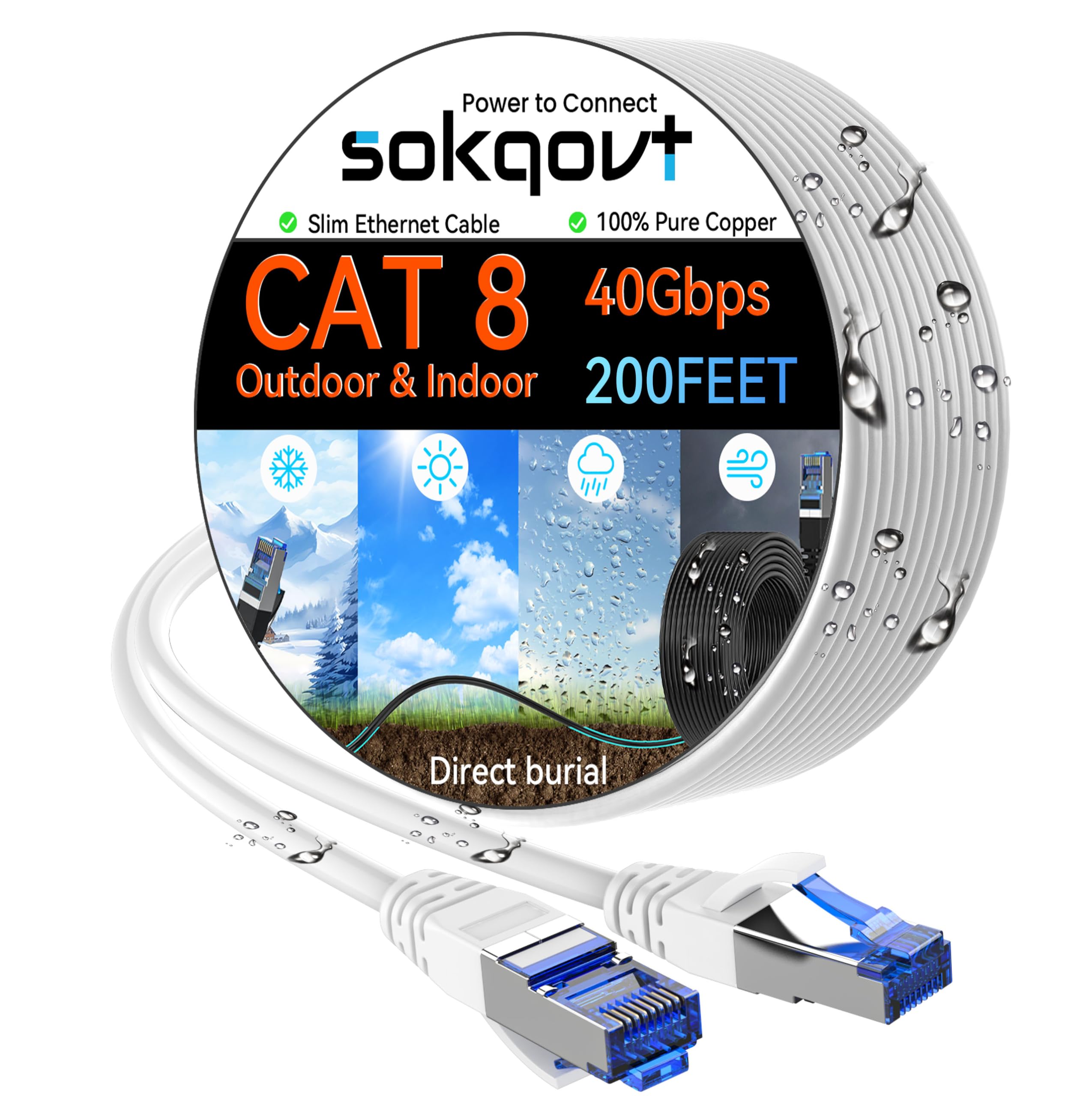 Sokqovt Cable Ethernet Cat 8 delgado de 200 pies para exteriores, cable de Internet Cat8 de cobre puro para enterramiento directo y impermeable, cable Ethernet Cat8 flexible 10G 550MHZ, cable de red