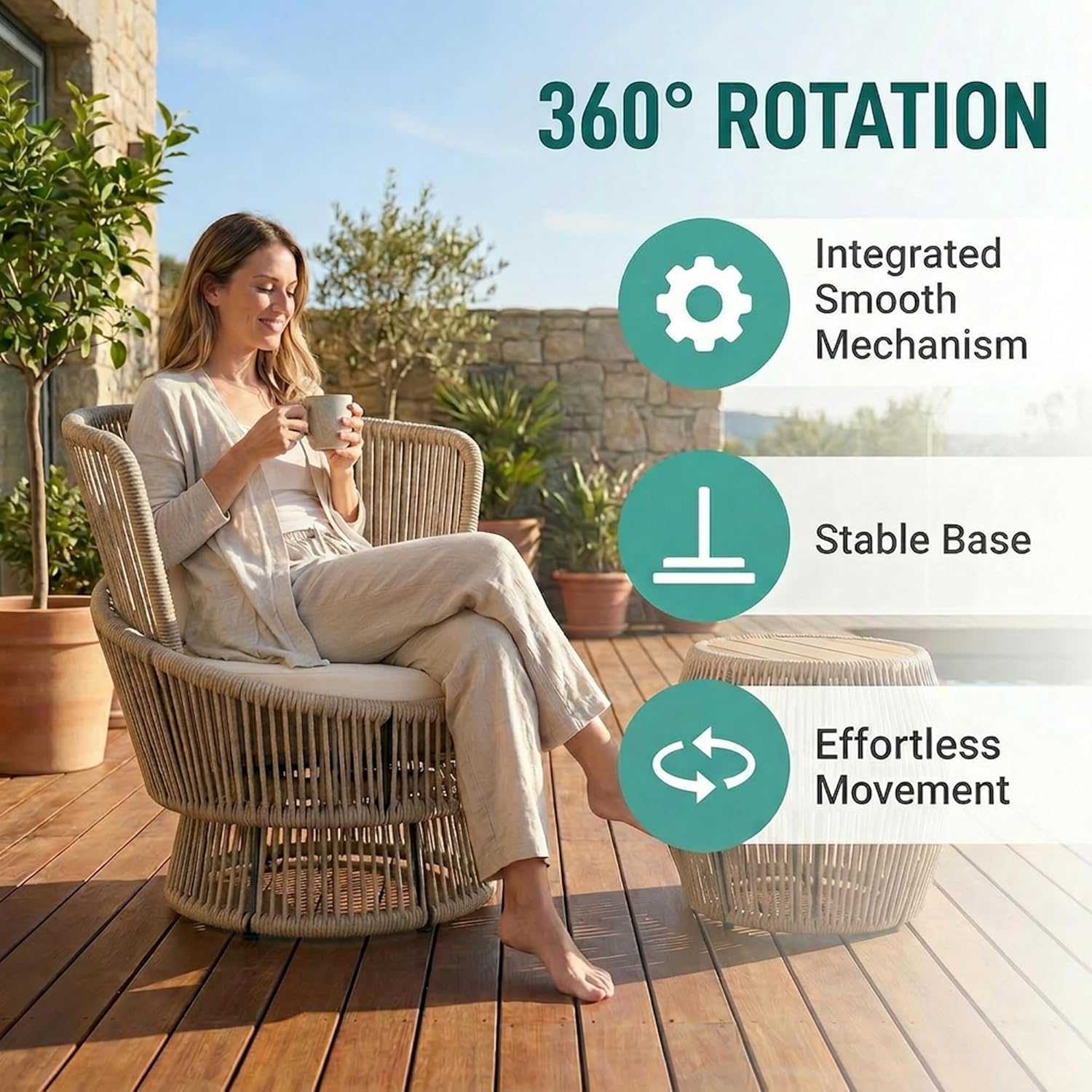 Outdoor Swivel Chairs Set of 2 with Coffee Table, 3 Pieces Patio Bistro Set with Armrests, High Back Wicker Swivel Rocker Patio Chairs, Modern Patio Furniture Set for Porch/Yard, Khaki