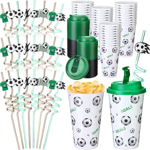 Remerry 36 Set Plastic Soccer Cups with Lids and Straws 16 oz Reusable Soccer Drinking Tumblers Bulk Sports Birthday Party Favors Supplies Sports Ball Themed Gifts for Team Coach Fan