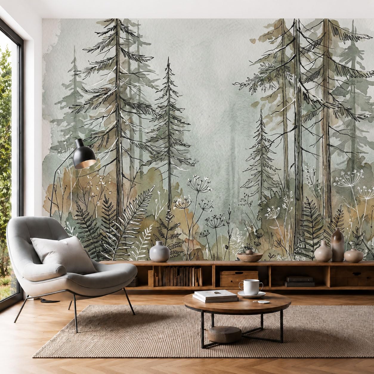 Papier peint soie forêt aquarelle pour insuffler une âme poétique au salon