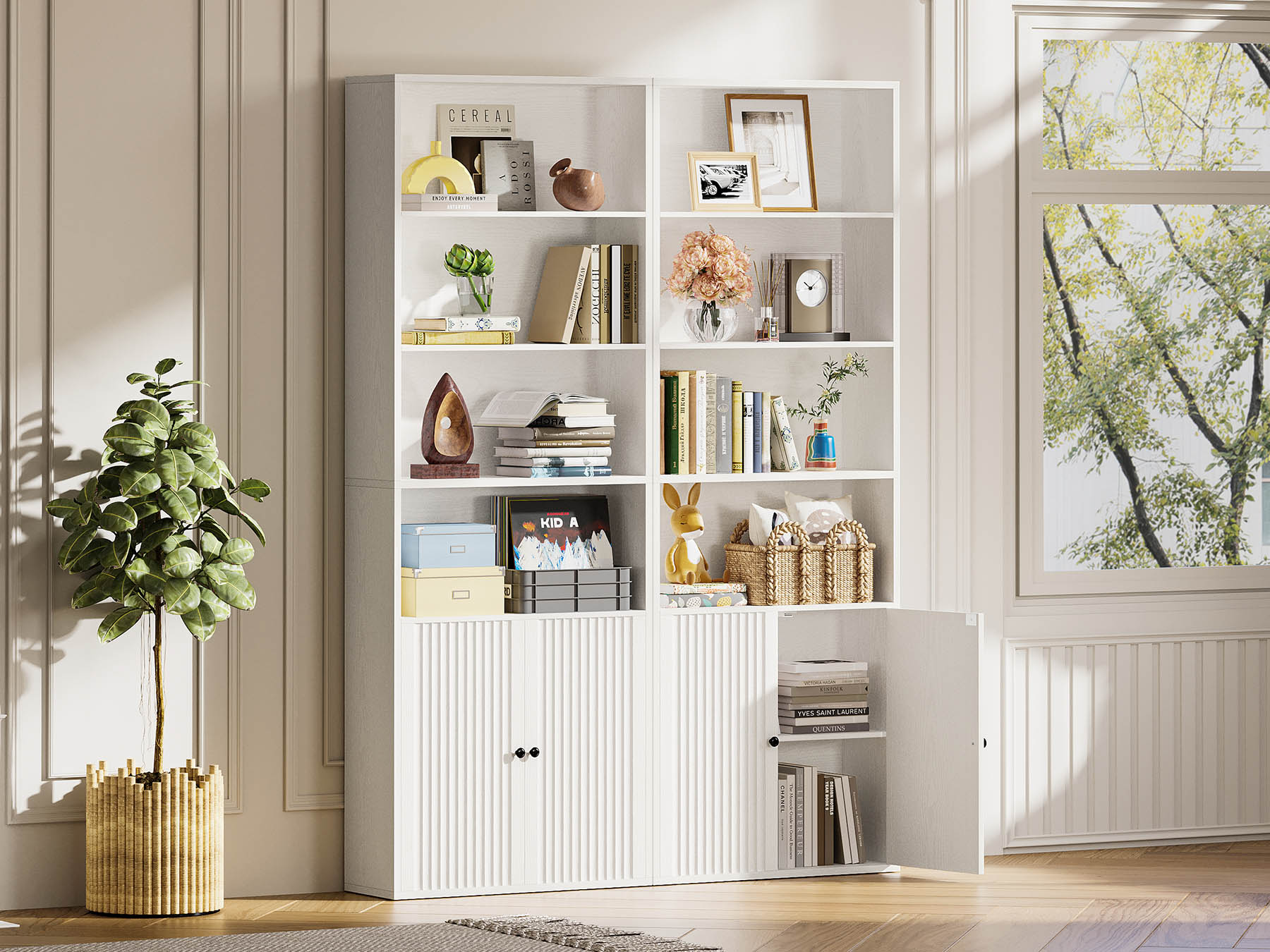 IRONCK Bücherregal mit Türen, Regal 6 Ebenen,180cm Hoches Bücherschrank, Standregal Holz, offenes Aufbewahrungsregal für Arbeitszimmer, Büro, Wohnzimmer, Schlafzimmer (Weiß) Küche, Haushalt & Wohnen
