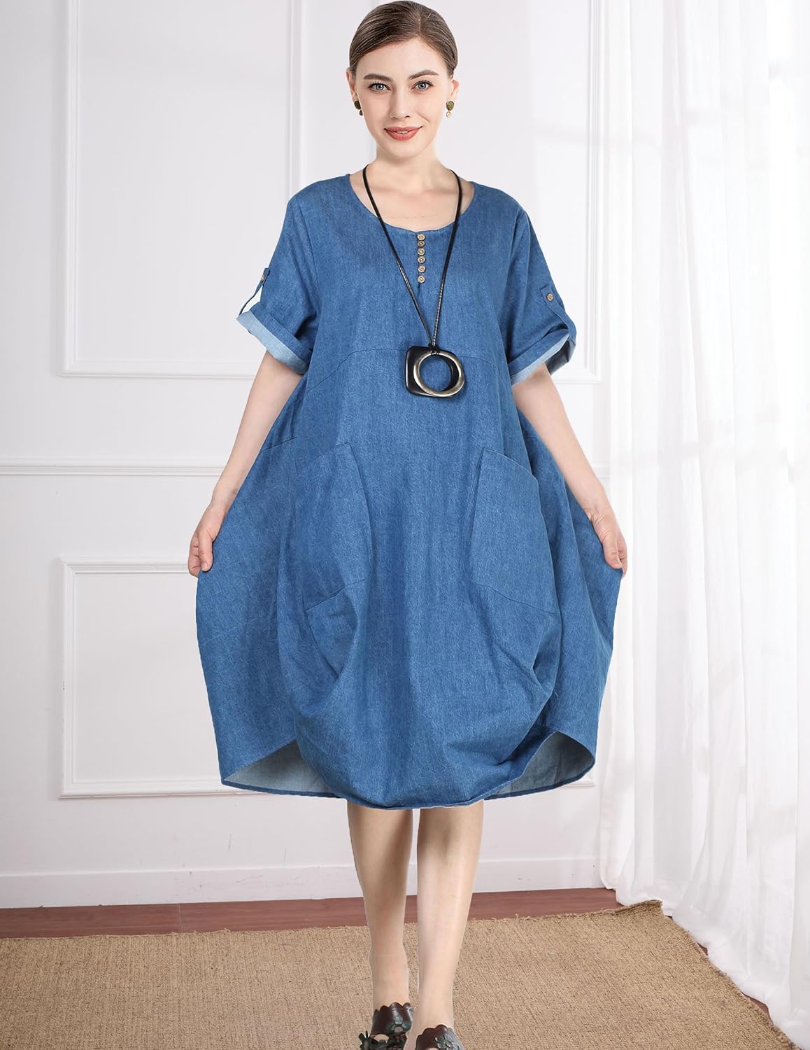 Minibee Women's Ruffle Oversize Casual Midi Dresses with Pockets - Image 5