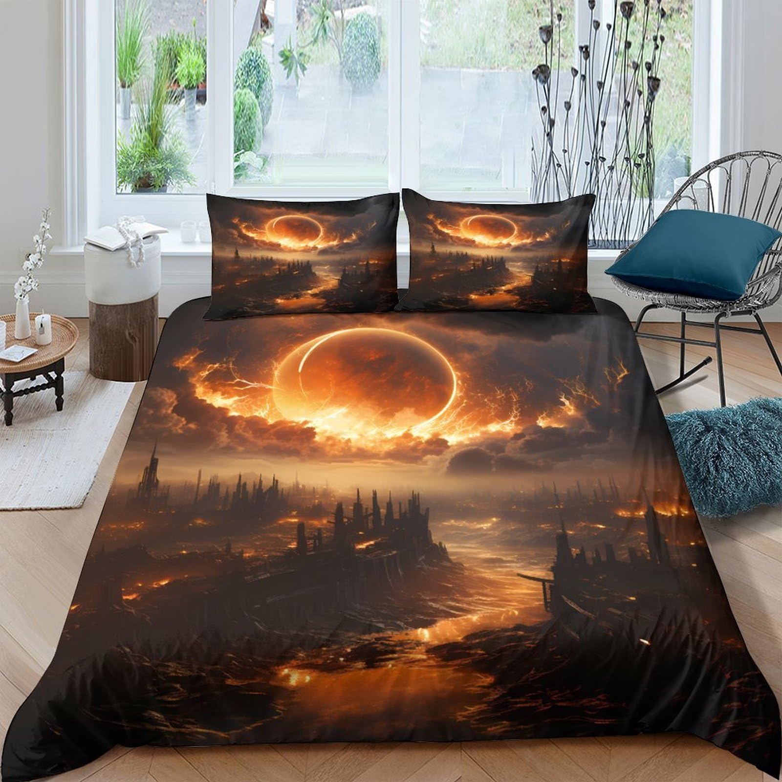 TUFRTGYHN 3D Printed Sunset Eclipse Duvet Cover Microfiber Soft Breathable Forest Bedding Set with 2 Pillowcases for Bedroom Single（135x200cm）