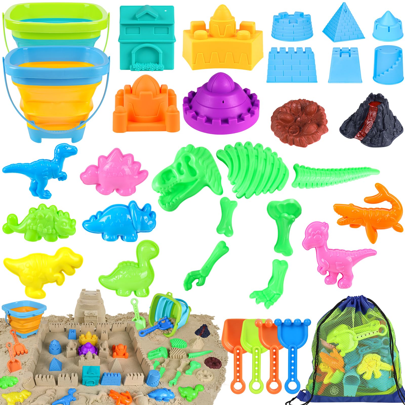 Beach Toys, 34Pcs Dinosaur Sand Toys Set for Kids Toddlers, Sandbox Toys with 2 Collapsible Beach Bucket, Mesh Bag, Castle Sand Toys Kit, Sand Molds,