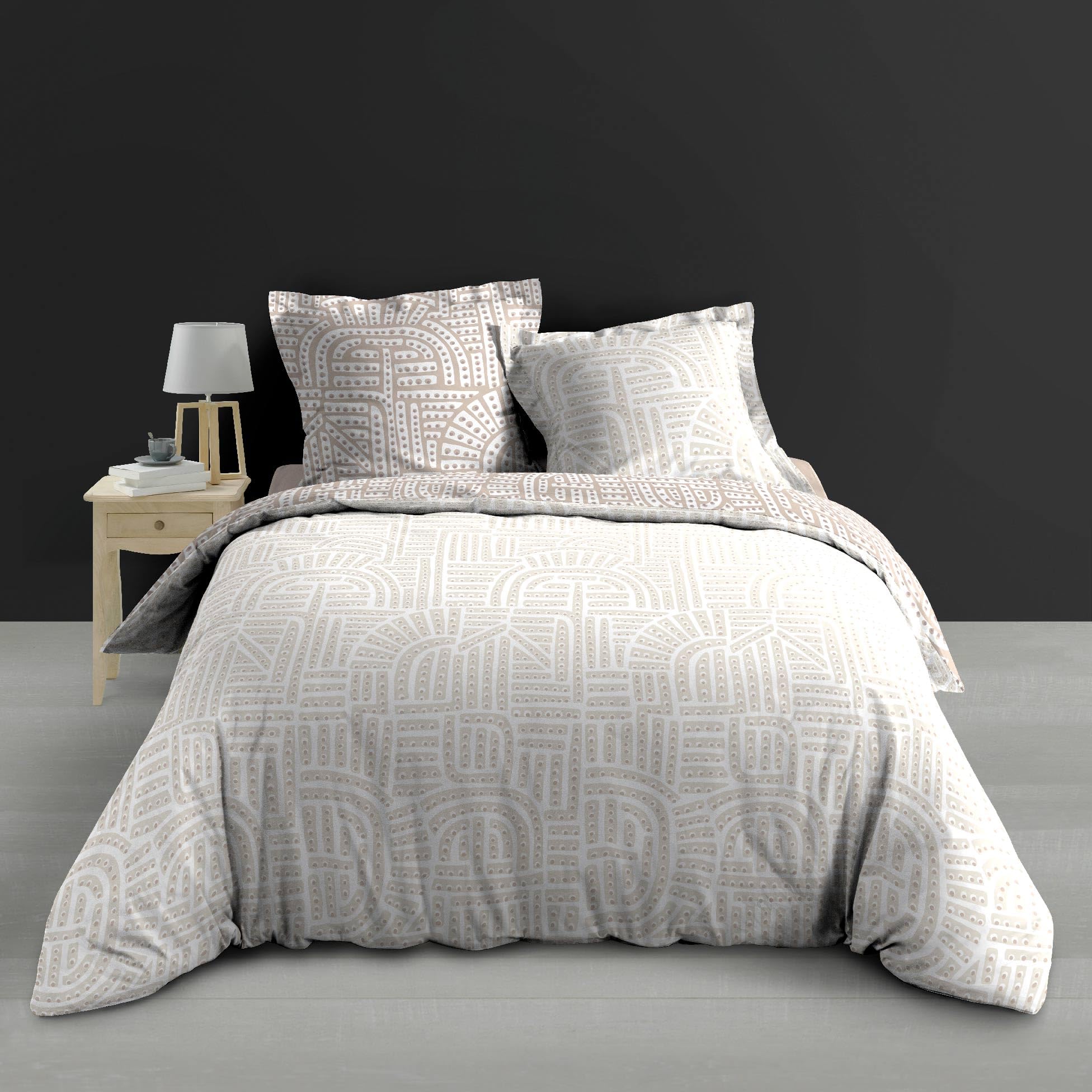 Douceur d'Intérieur, Parure de Lit 3 Pièces (260 x 240 cm) Eliot Naturel, 100% Percale de Coton | Tissu de qualité supérieure, au toucher lisse et frais