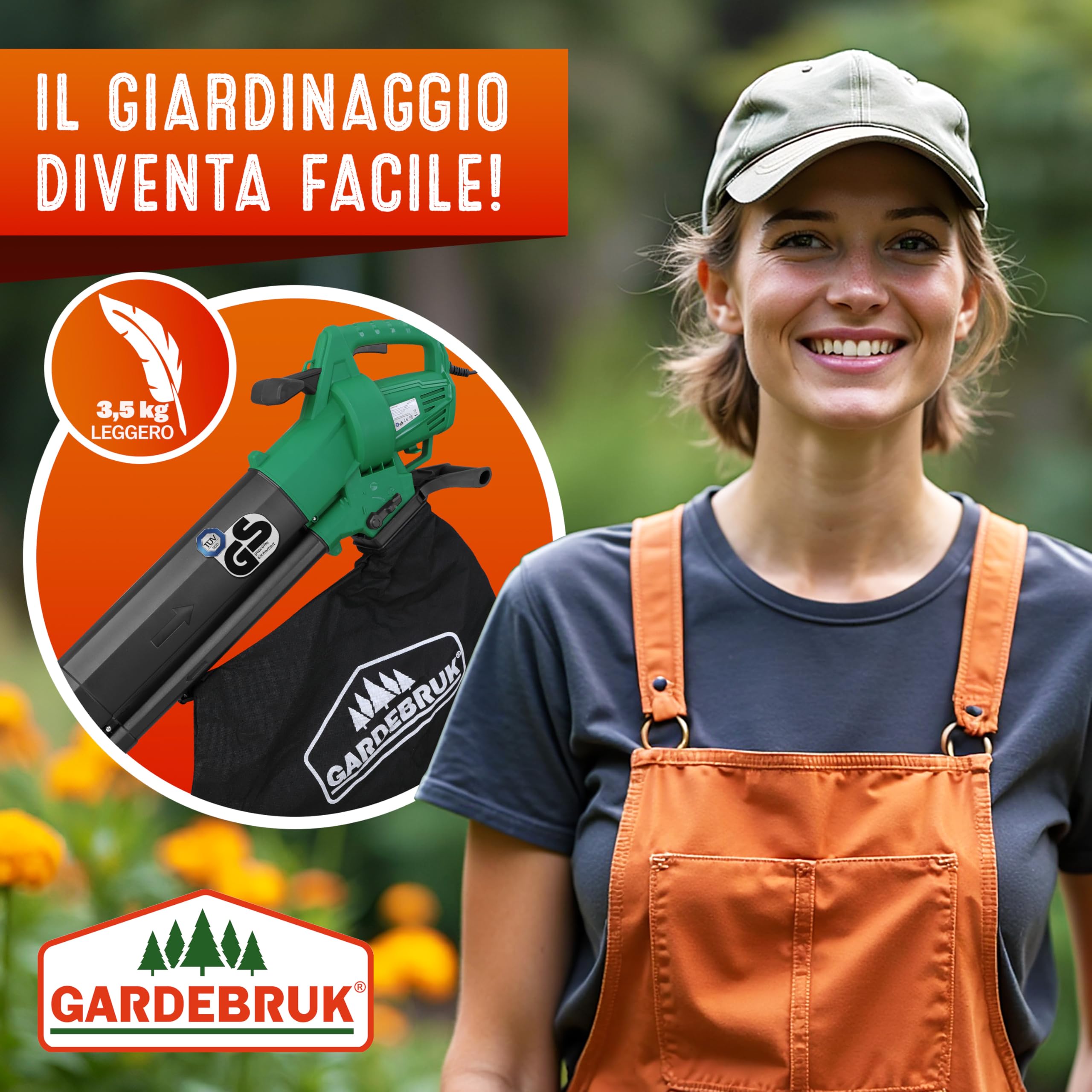 GARDEBRUK® Soffiatore Foglie Aspiratore Trituratore Elettrico 3in1 3000W Tracolla Ruote Sacca 45L Soffia Foglie Giardino Aspirafoglie Aspira Fogliame