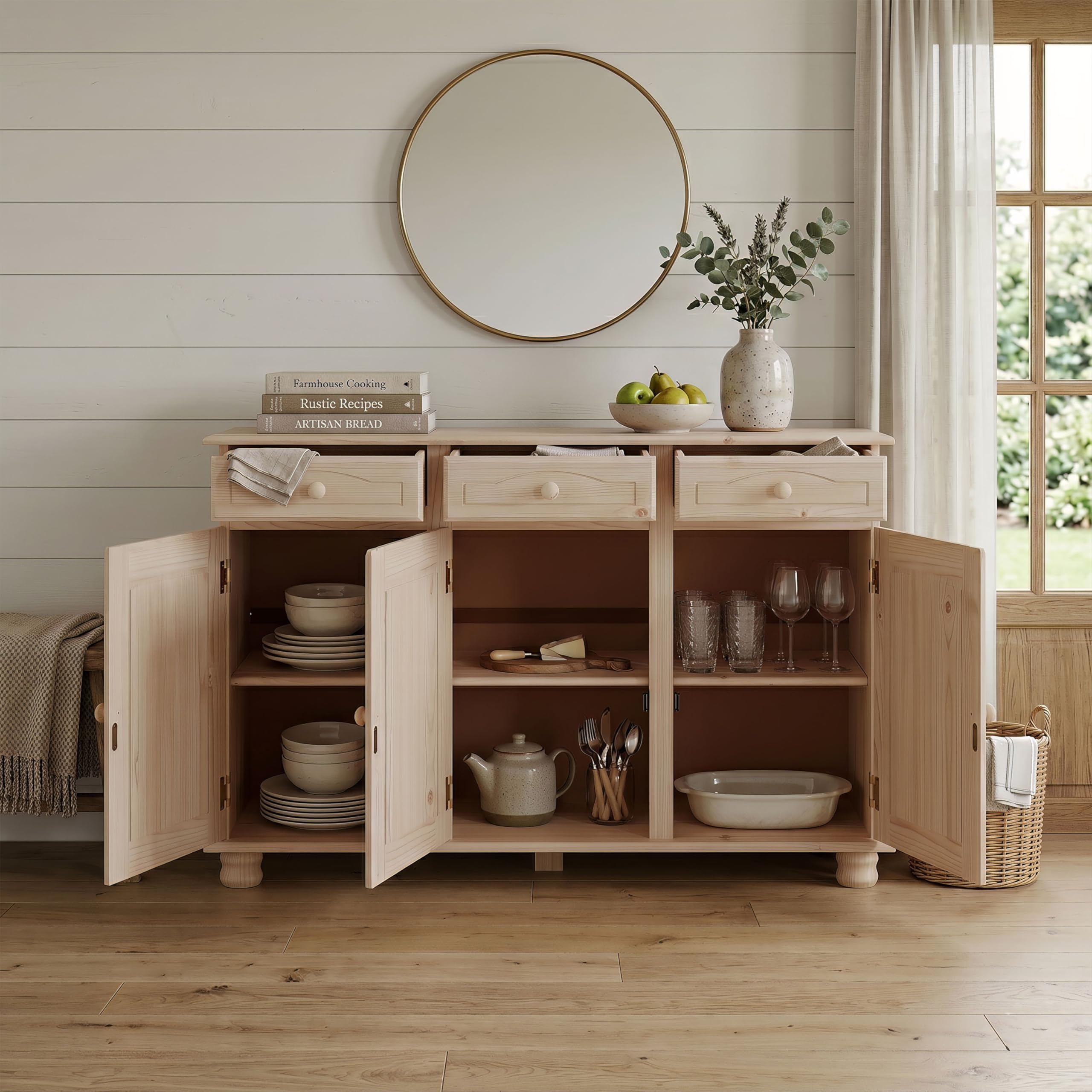 Dogar Altea aparador de 3 Puertas y 3 cajones 86x130x42 cm, AltoxAnchoXfondo, Acabado sin barnizar Mueble Fabricado en Pino Madera de Macizo