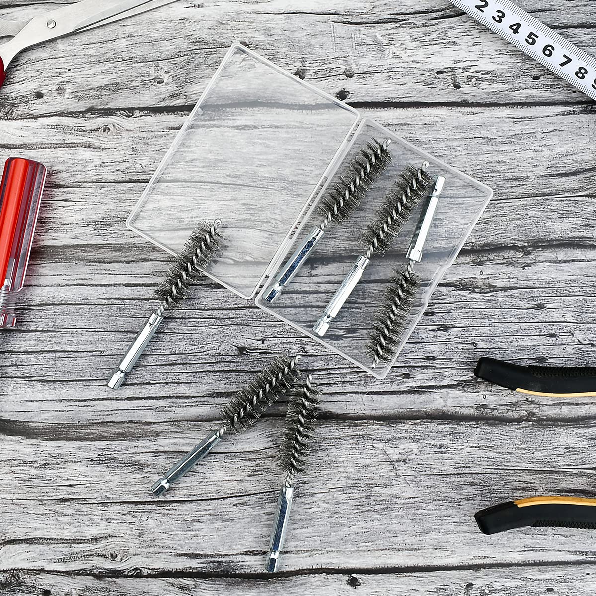 6 Pcs Stainless Steel Bore Brush with 1/4" Hex Shank, Bristles Wire Brush Bore Cleaning Brush Set for Tubes Ports Bearings Cleaning and Power Drill Impact Driver