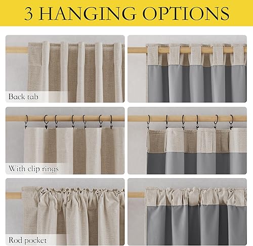 Miniatura 6 de NICETOWN Cortinas opacas completas de lino natural de 48 pulgadas, cortinas de ventana con aislamiento térmico y reducción de ruido con forro