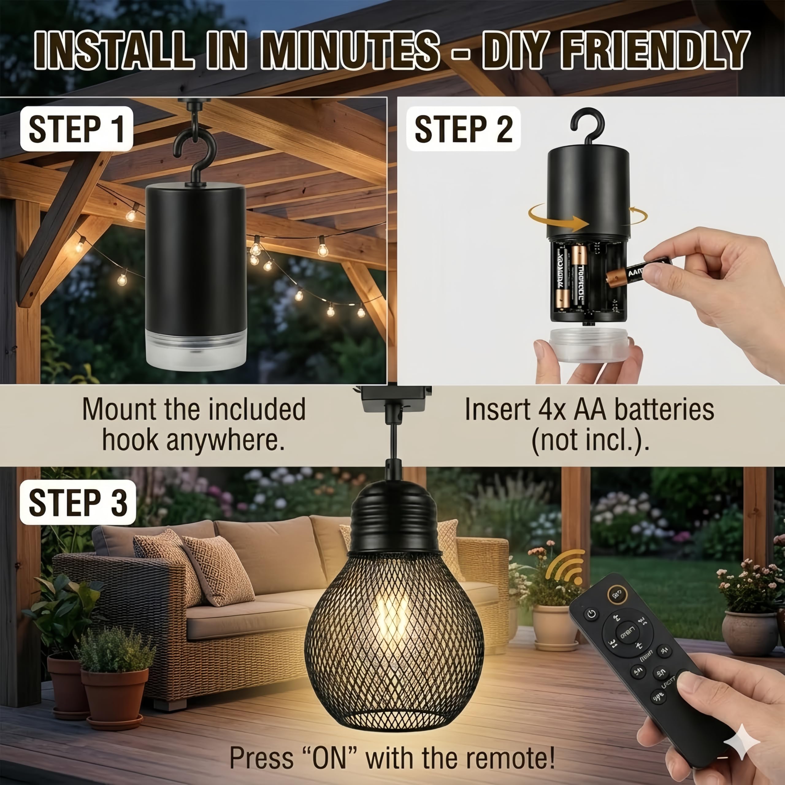 Lampada a sospensione a batteria con telecomando impermeabile, 4 batterie AA, per gazebo, pergolato, portico, patio, interno/esterno, nero