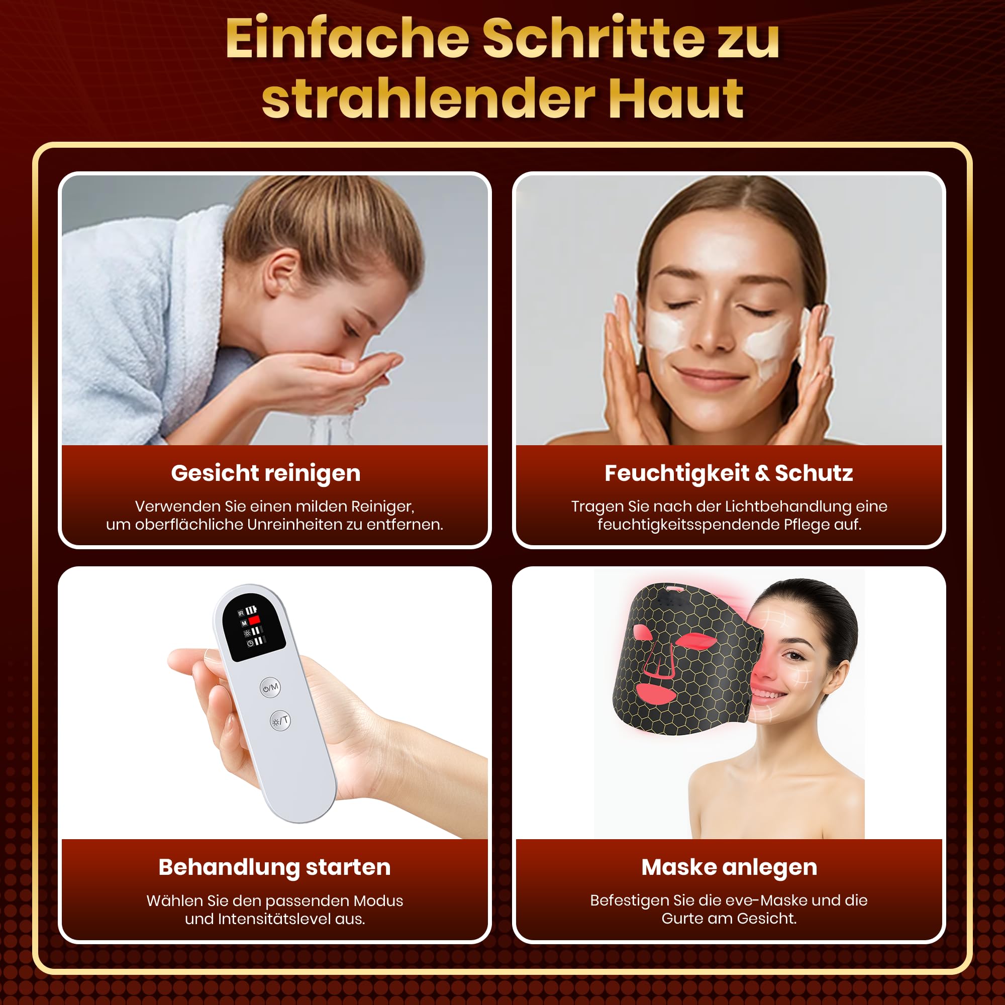 Rotlichtlampe LED Maske – 4-Farben-Lichttherapie mit 240 LEDs, Wiederaufladbare Lichttherapie für Anti-Aging, Hautverjüngung und Straffung (Schwarz2)