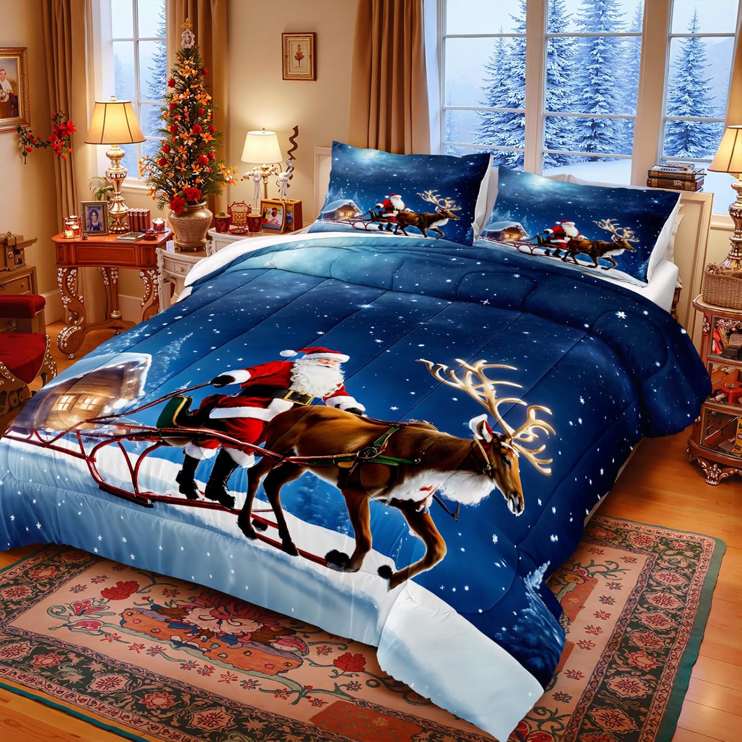 Merryword Christmas Eve Comforter Set Queen 4 Pcs Santa Claus Sleigh Bedding Set Snow House Comforter for Girls Boys Teens Queen Christmas-6