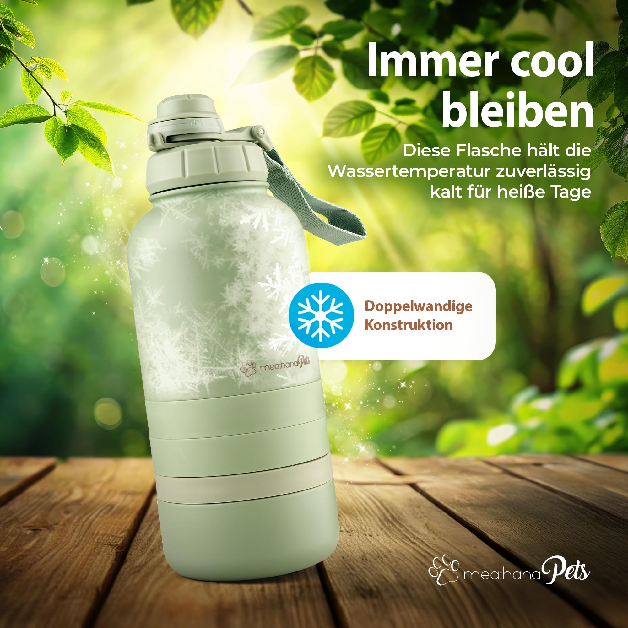 Pets Hundetrinkflasche für unterwegs 1l mit Näpfen -Ideal für Reisen,Outdoor- Isolierte Edelstahl Flasche mit Napf, Hundezubehör, Hundeflasche mit Futterbehälter - GRATIS Tragegriff