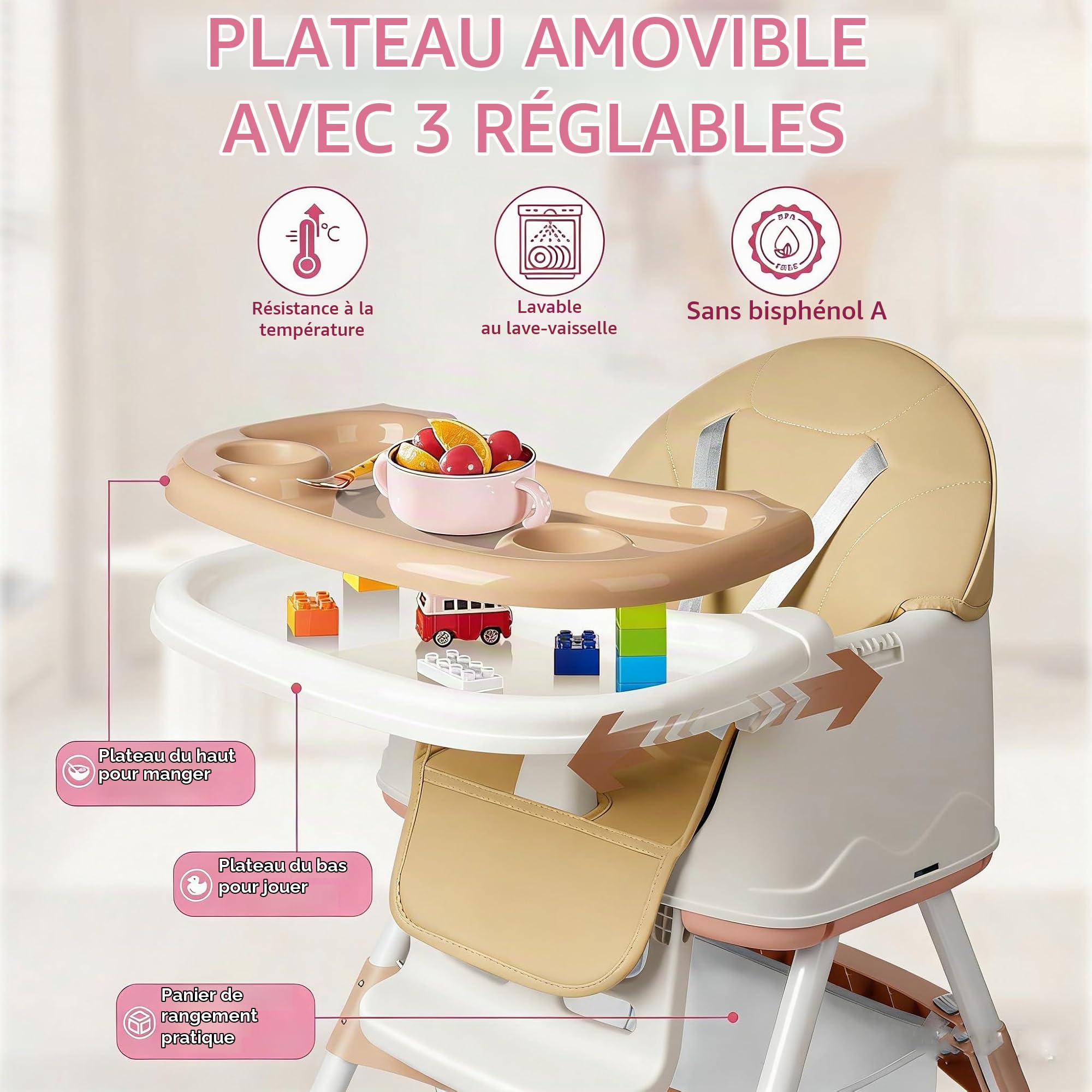 Chaise Haute Bébé 4-en-1, Chaise Haute Bébé Réglable et Convertible avec Ceinture de Sécurité, Plateau, Facile à Nettoyer, Siège Bébé de 6 Mois à 6 Ans (Beige)