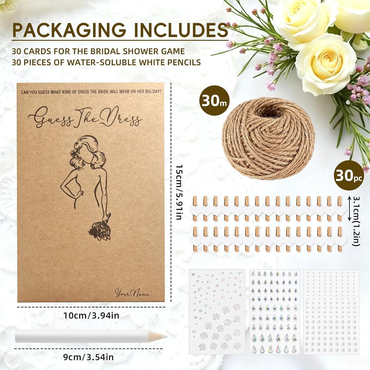 30 Sets Guess the Dress Bridal Shower Kit，Wedding Dress Illustration Cards image 2
