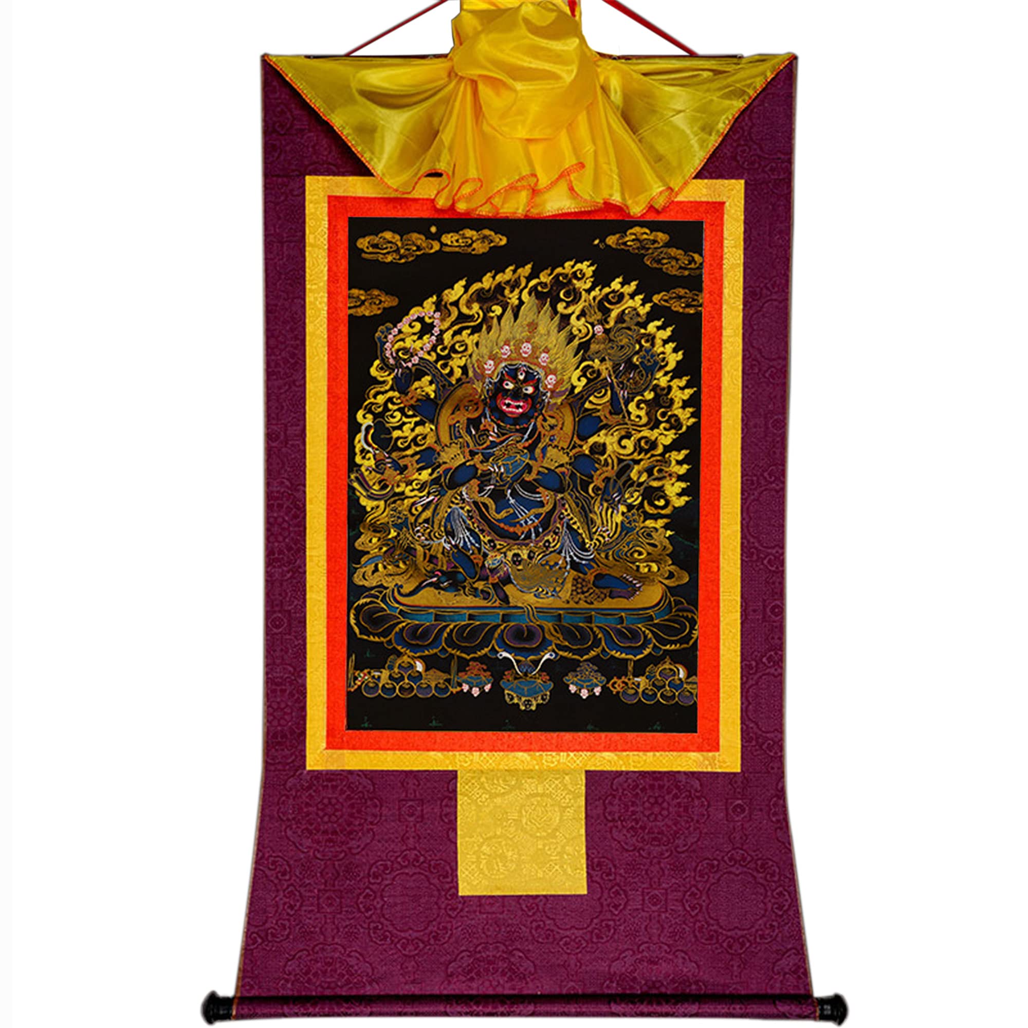 Gandhanra Tibetan Buddhist Thangka Wall Hanging,Dharmapala Mahakala Thangka,Hot Stamped Brocade Buddhist Tapestry for Zen Home Decor, Meditation, Spiritual Relaxation