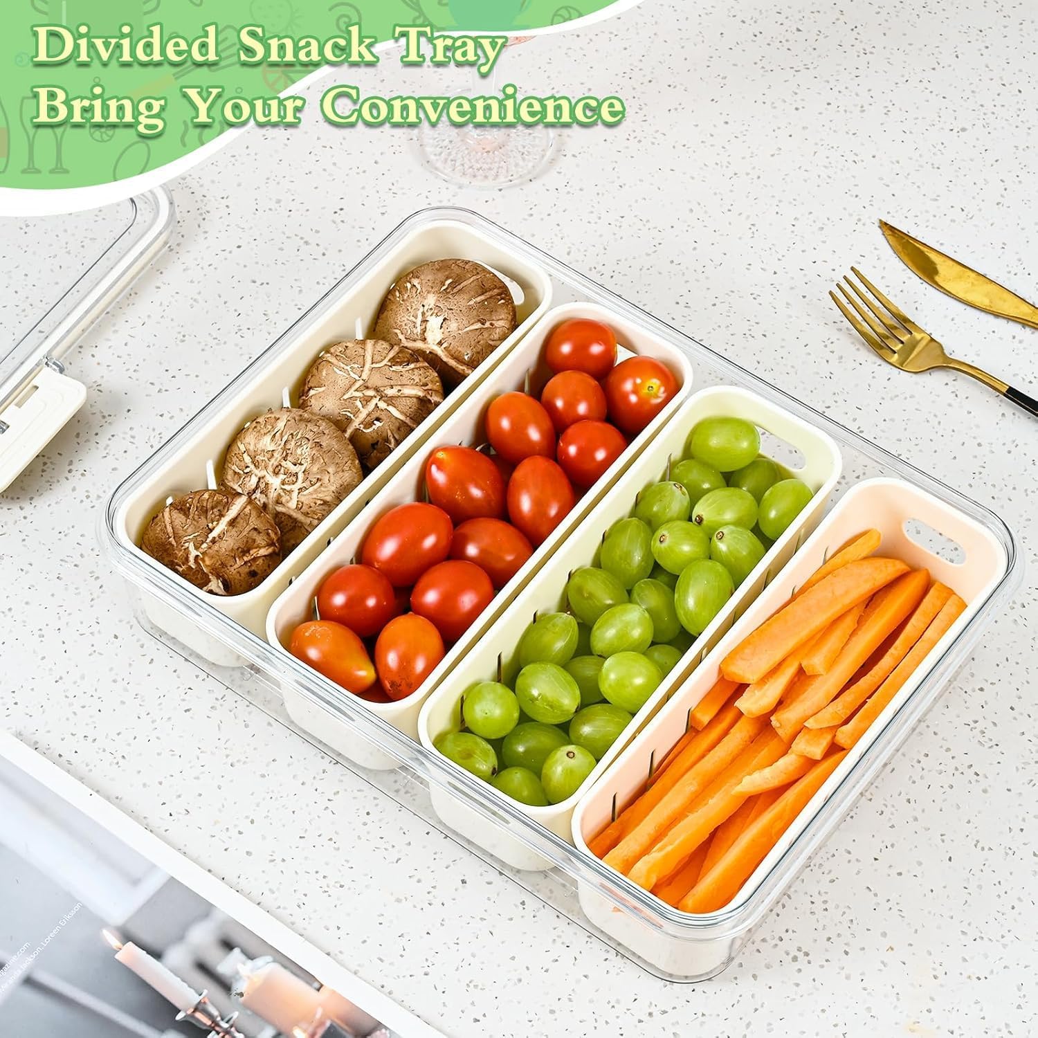 Redcoutt Snackbox mit Fächern, Abnehmbare 4 Fächer Snackbox mit Deckel und Griff, Lebensmittelechtes PET, Tragbare Aufbewahrungsbox für Süßigkeiten, Snacks, Gemüse, Ideal für Partys, Picknicks