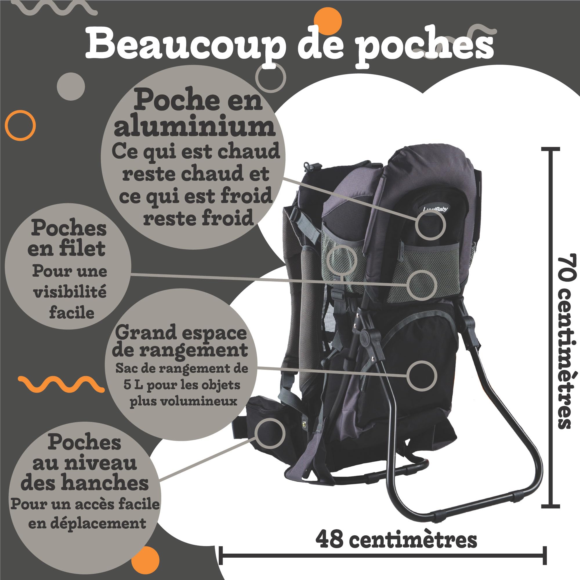 Porte Bebe Randonnée - Sac à Dos Porte Bébé Randonnée - Confortable Porte Bébé Dorsal Randonnée 18 Kg - Porte Bebe Sac a Dos avec Tapis à Langer, Poche Isolante, Capuche de Pluie et de Soleil