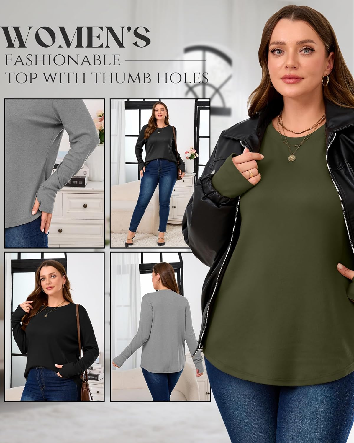 3 Pack Women's Cotton Plus Size Tunic Tops Thumb Hole Crew Neck Long Sleeve Shirts Casual Loose Y2k Trendy Outfits - Image 5