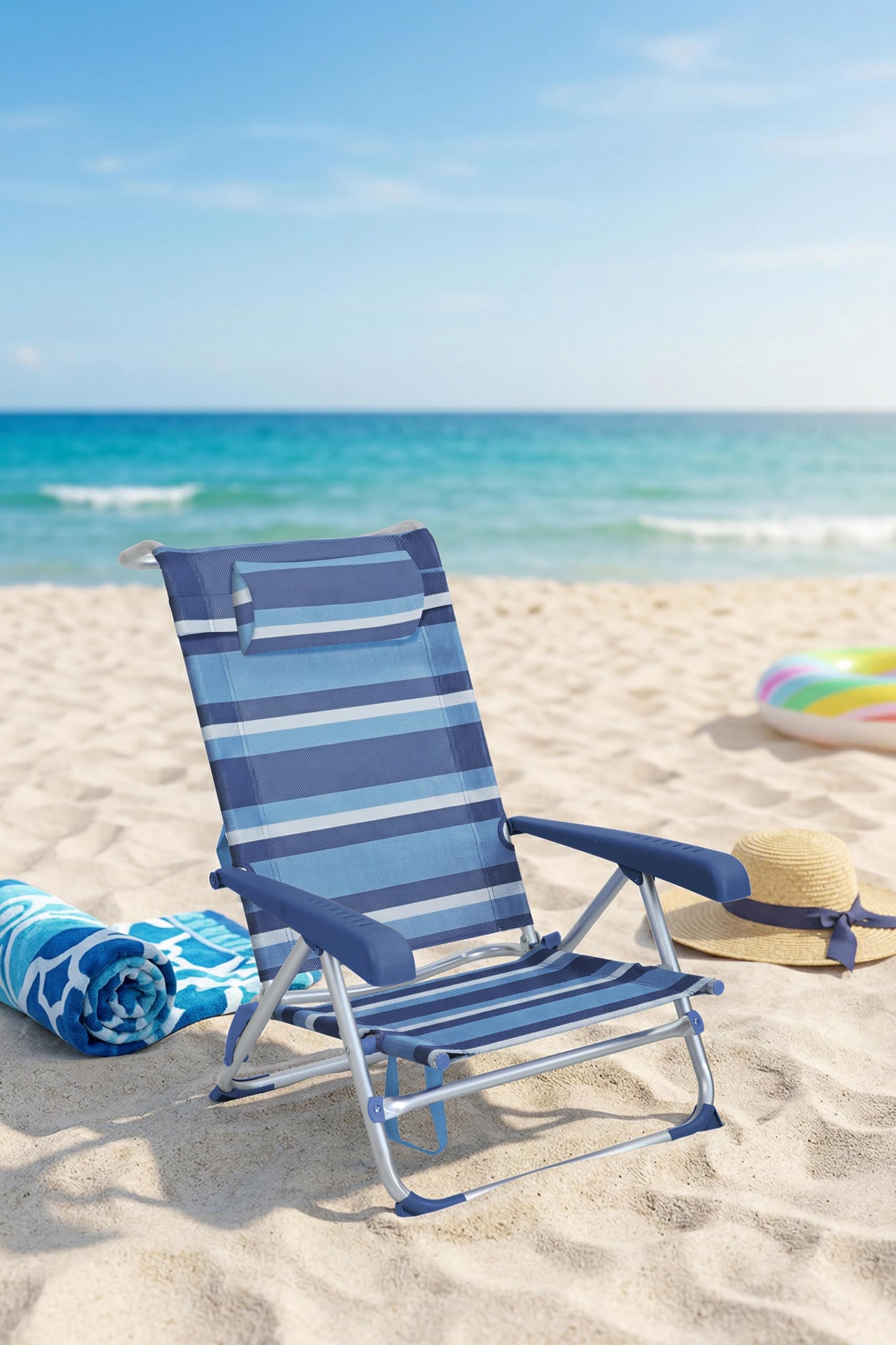 Spiaggina Pieghevole in Alluminio, Righe Blu, 8 Posizioni, con Poggiatesta e Braccioli, 59,5 x 85 x 76,5 cm