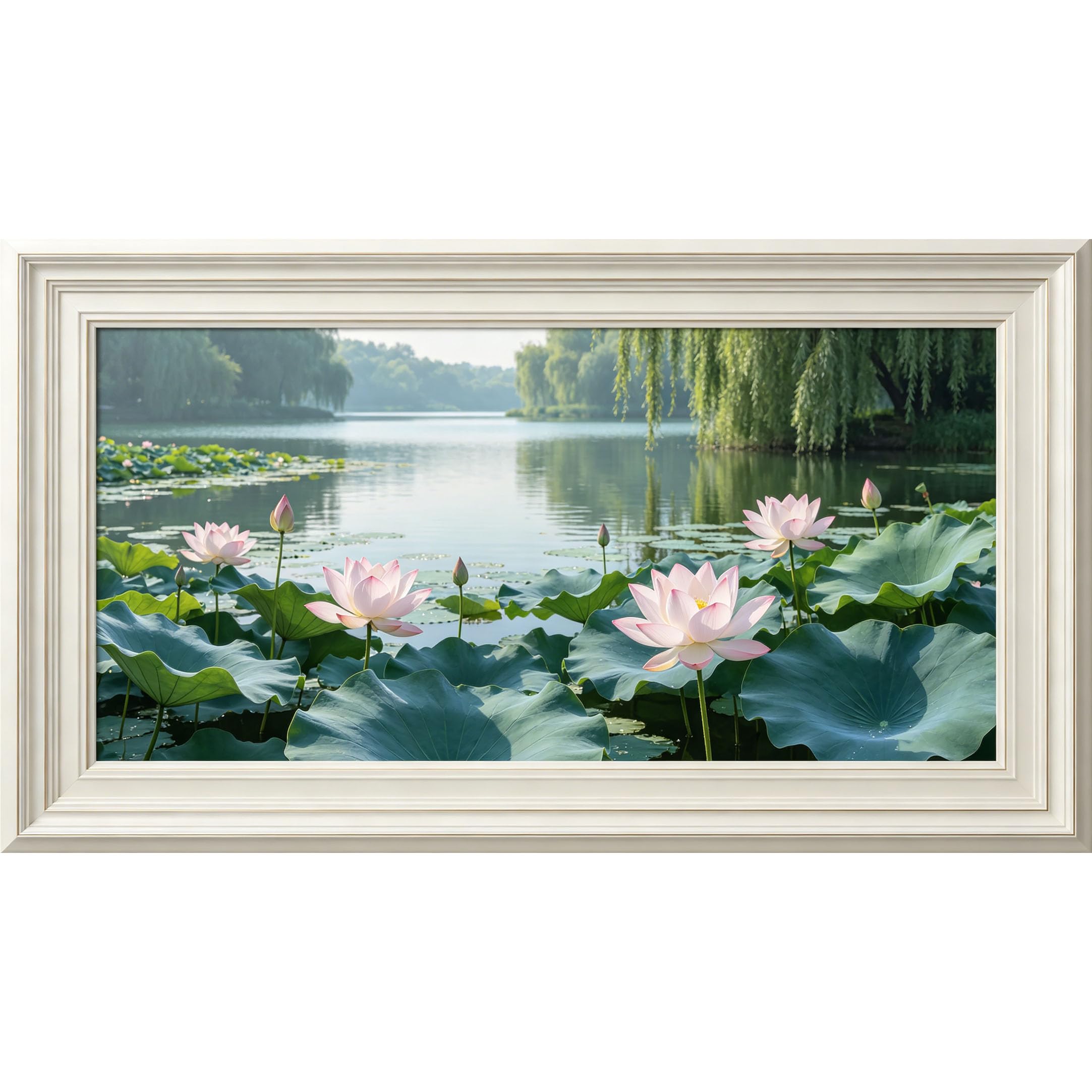 QZLITHOTIC 50×90cm3D Framed Wall Art， Zen Lotus Pond Lake Landscape Mural， WaterActivated Peel & Stick Fabric Decor Wall Decal for Bedroom Living Room