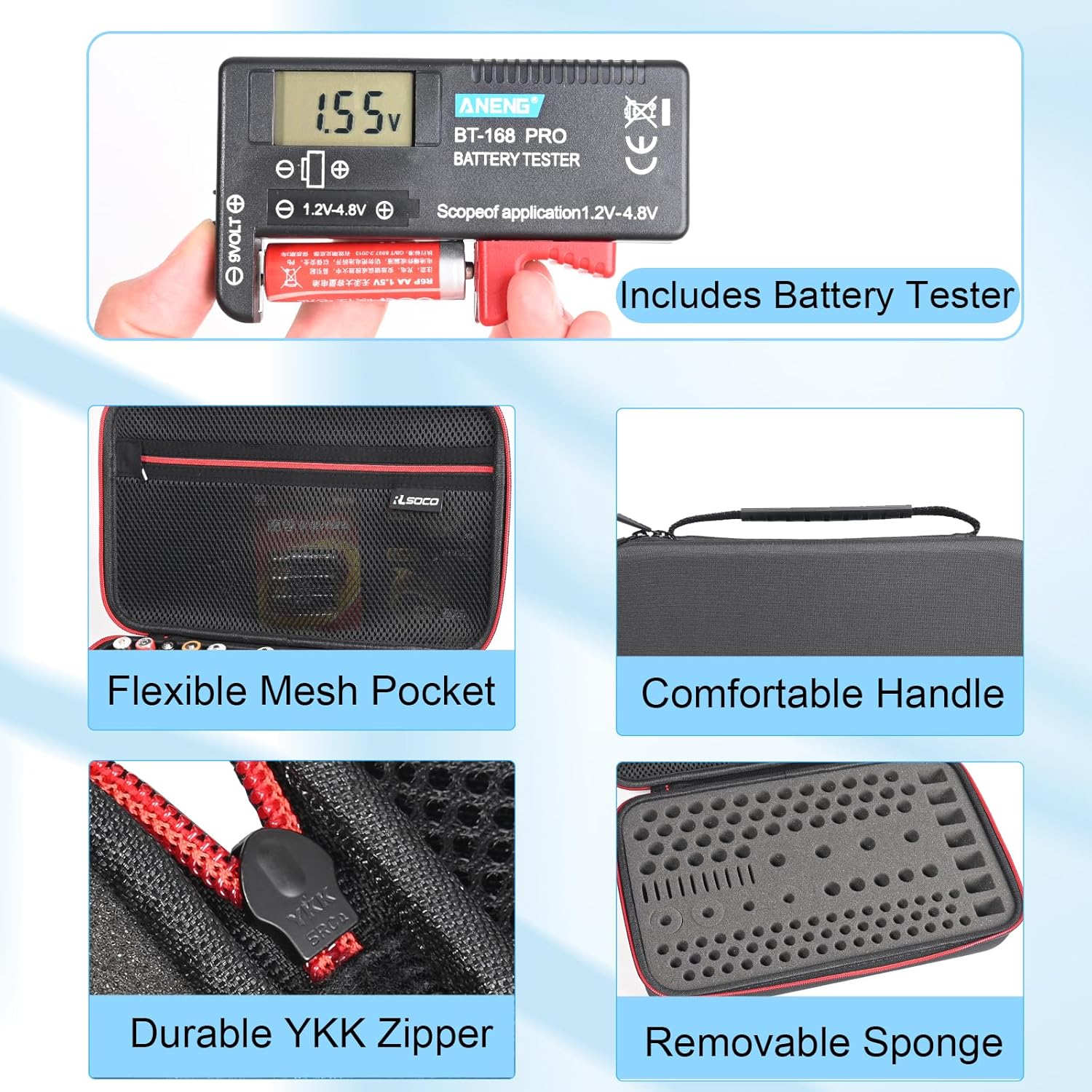 RLSOCO Battery Organizer Storage Case Holder Stores Up to 120+ Batteries: AA AAA C D 9V BT-168 and More | Compact Design with YKK Zipper (Note: Include a battery tester, Not include any batteries)