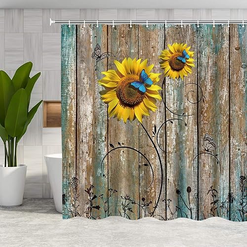 Miniatura 10 de Cortina de ducha rústica floral con girasol, juego de cortina de ducha con diseño de mariposa azul primavera, cortina de baño de granja, tablones de