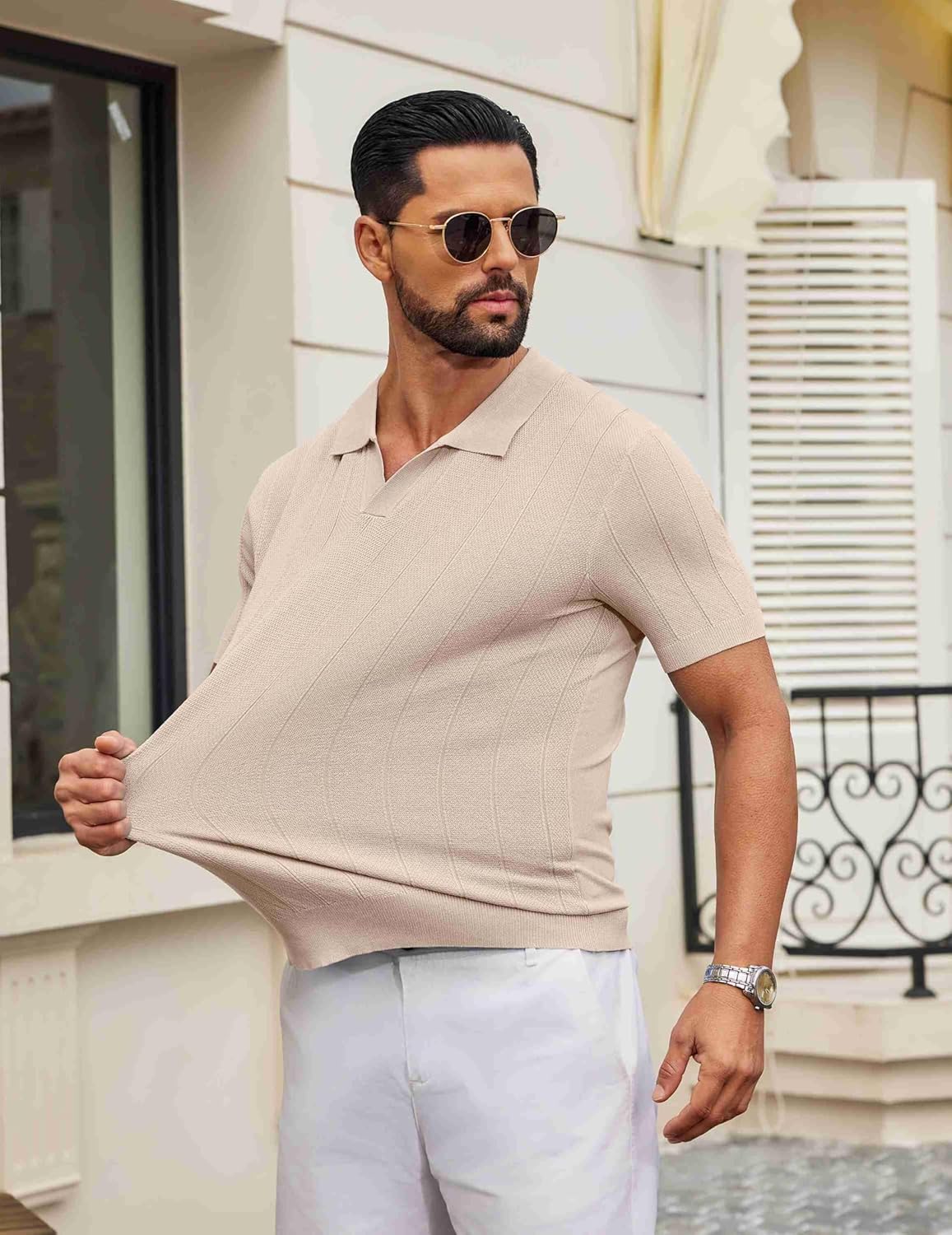 COOFANDY Mens Knit Polo Shirts V Neck Short Sleeve Ribbed Textured Polo Shirt Stretch Casual Golf Shirts Collared T Shirt - Image 5