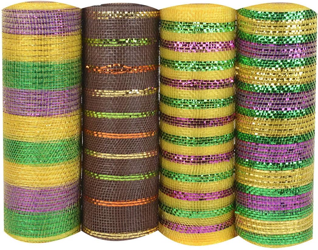 BBCrafts 10 Inch x 10 Yards Mardi Gras Deco Mesh Set for Gift Home Decor Party - Pack of 4 (XB9171045 | NXB9181038 | XB9171022M | XB9171047)