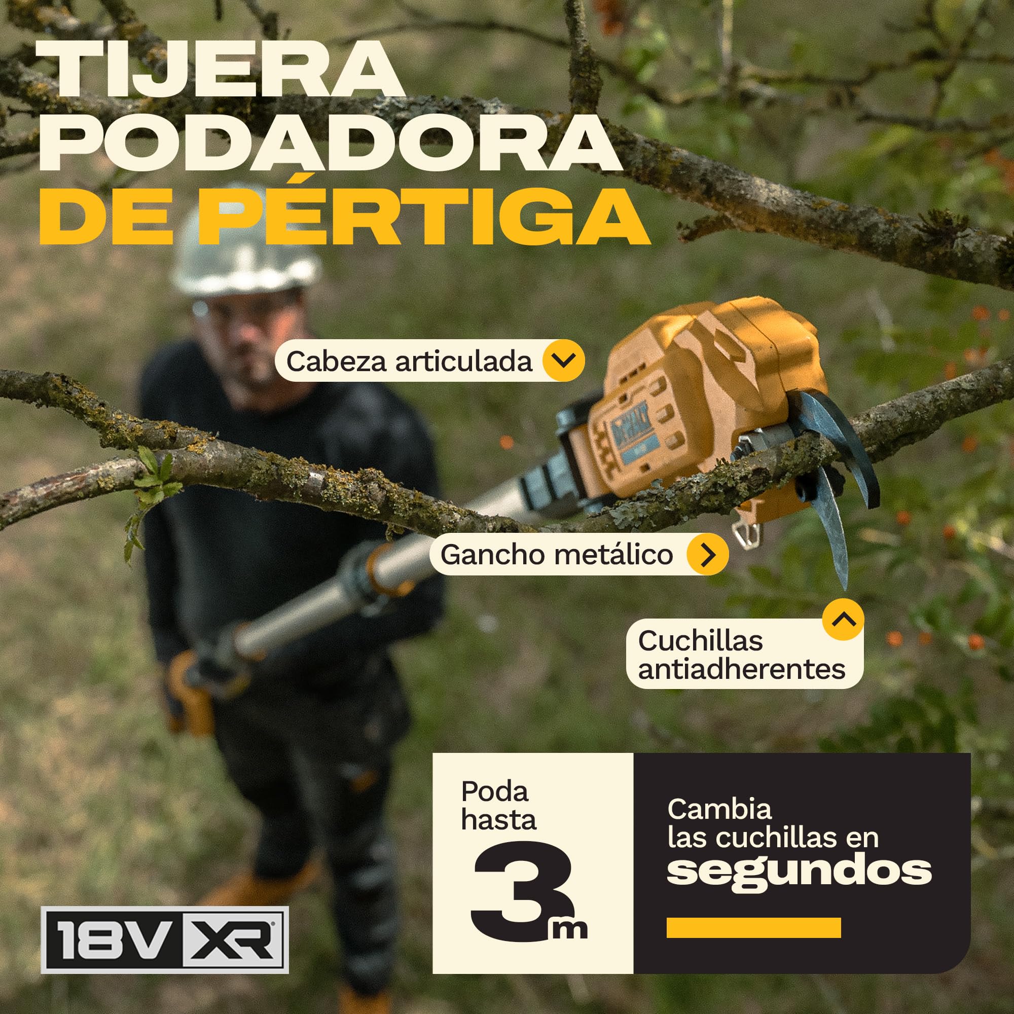 DEWALT 18V XR Podadora de Altura Profesional; Corte potente y preciso para ramas altas, Solo herramienta, DCMPP569N-XJ