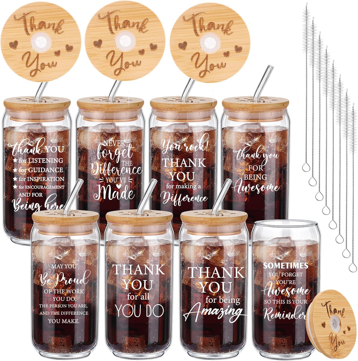 Tioncy 8 Pcs Employee Appreciation Gifts 16oz Thank You Glass Cups with Bamboo Lids Straws Brushes, Coworker Appreciation Gifts for Staff Team Thank You Cups for Women Men Staff Coworker Team Birthday